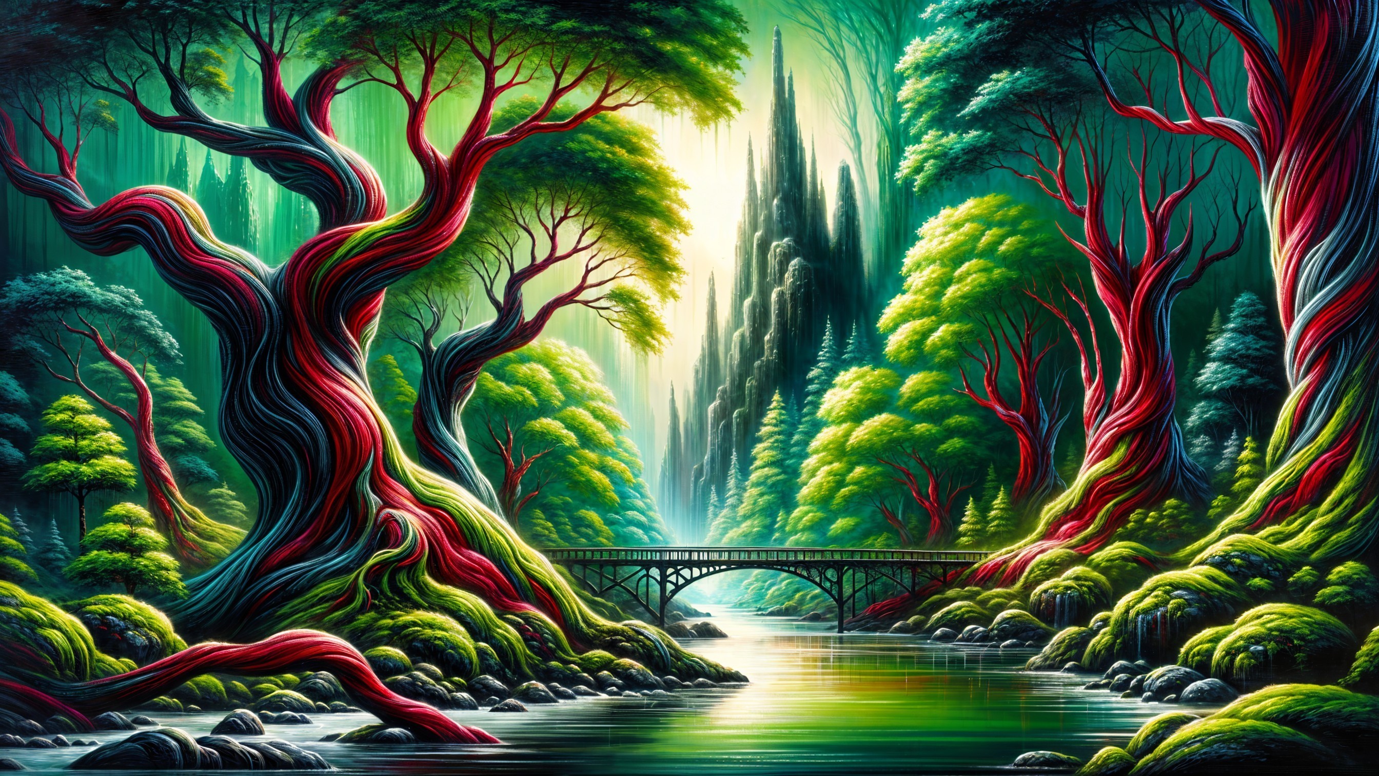 Vibrant forest scene with twisted trees and river