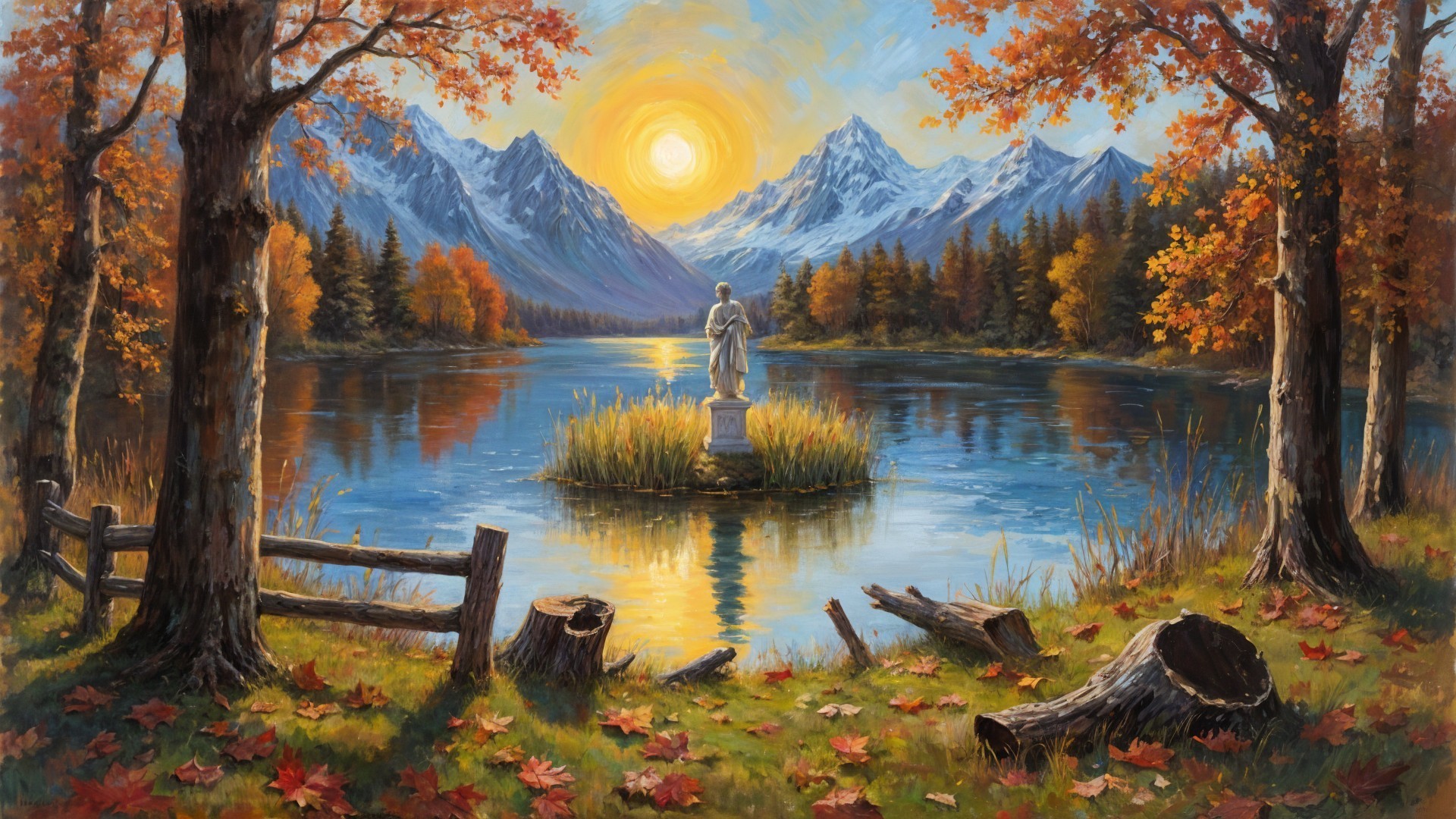 Tranquil Lake Surrounded by Autumn Foliage and Mountains