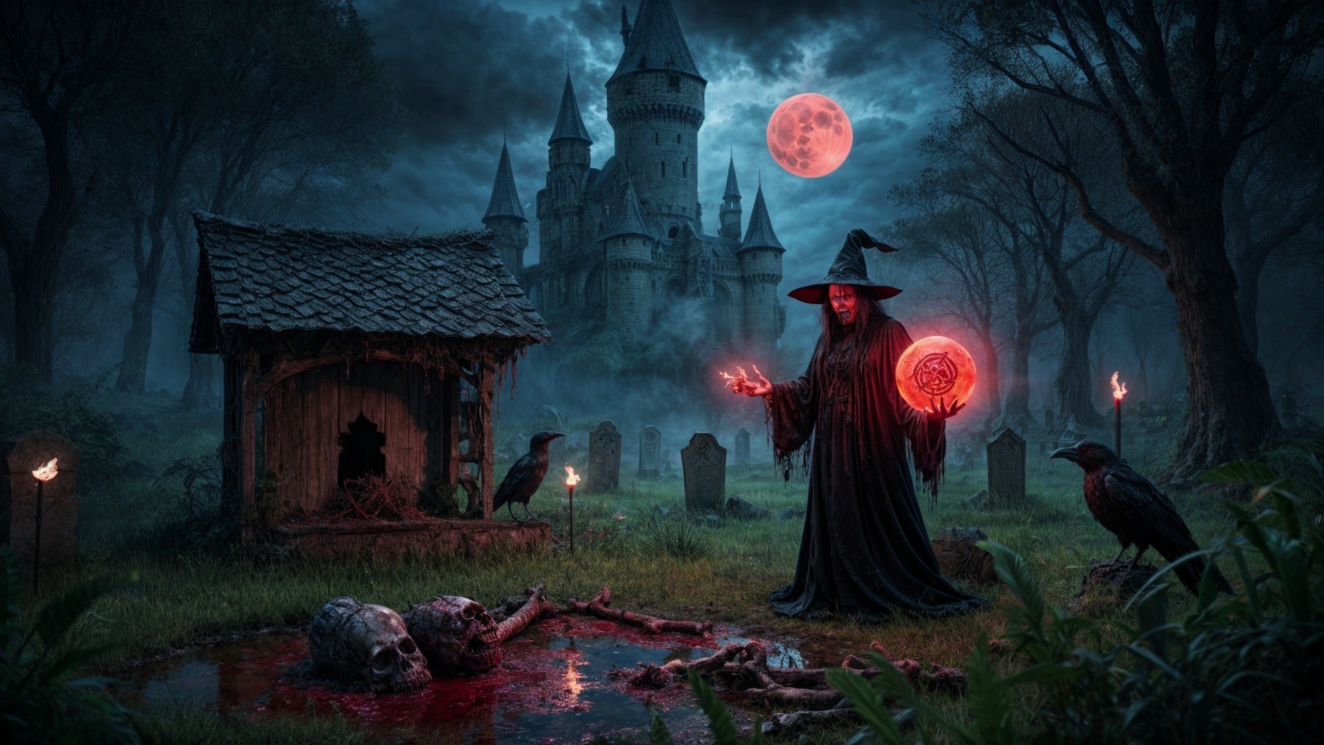 Witch Casting Spell Under Red Moon in Dark Landscape