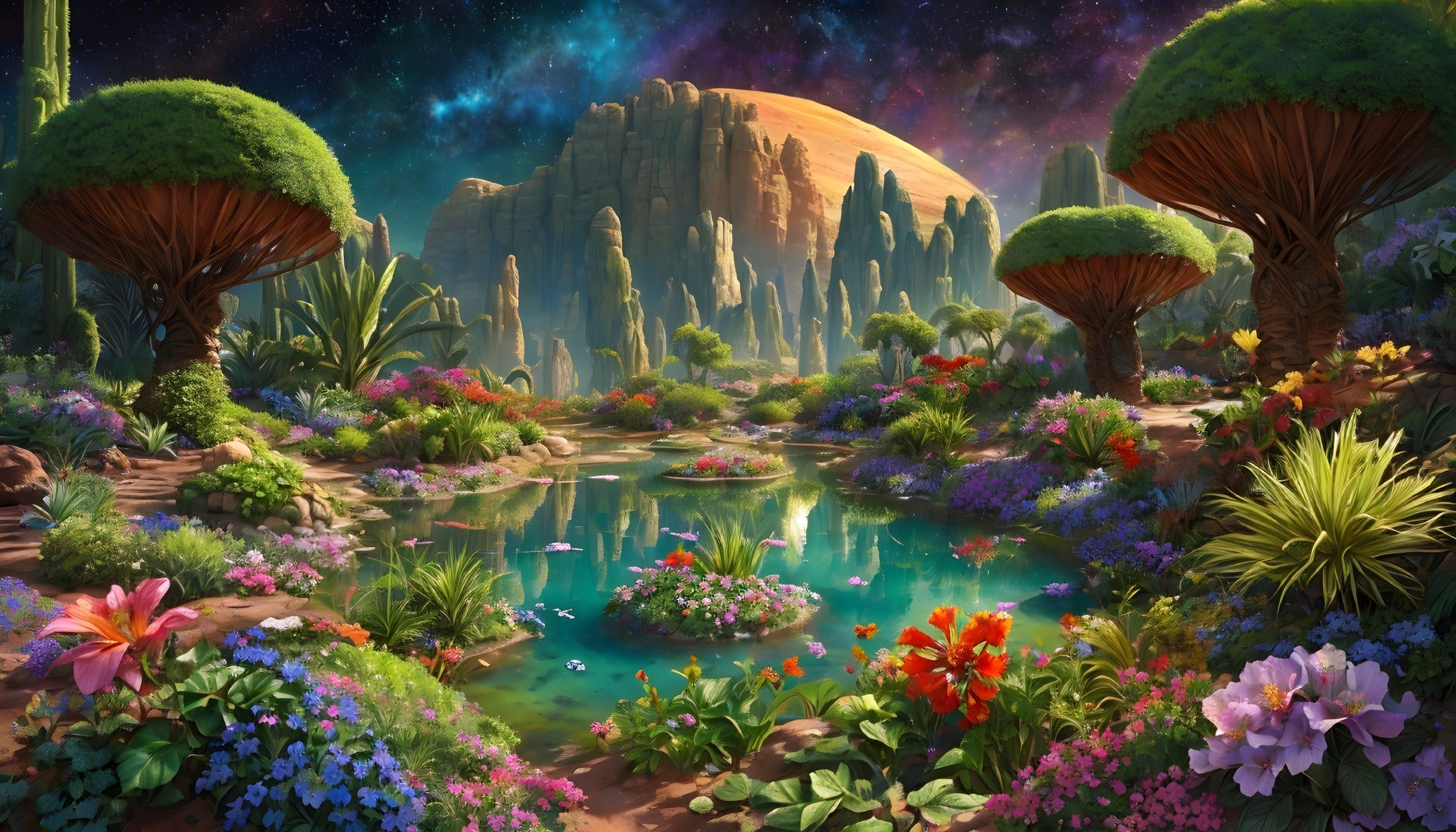 Vibrant Alien Landscape with Lush Greenery and Pond