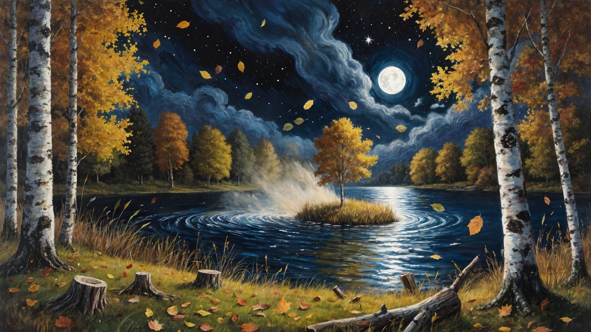 Serene Night Scene Over Tranquil Lake in Autumn