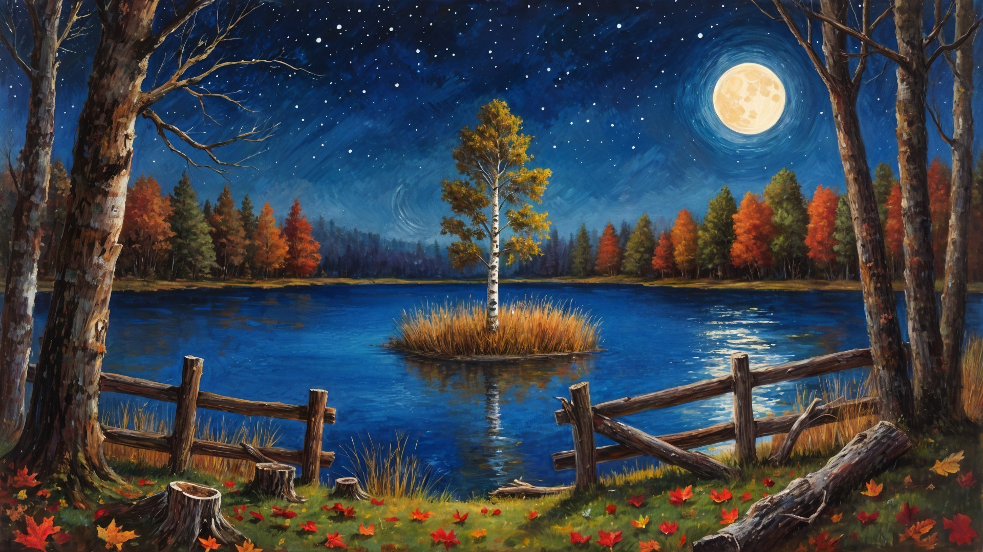 Tranquil Lake Scene with Autumn Foliage and Moonlight
