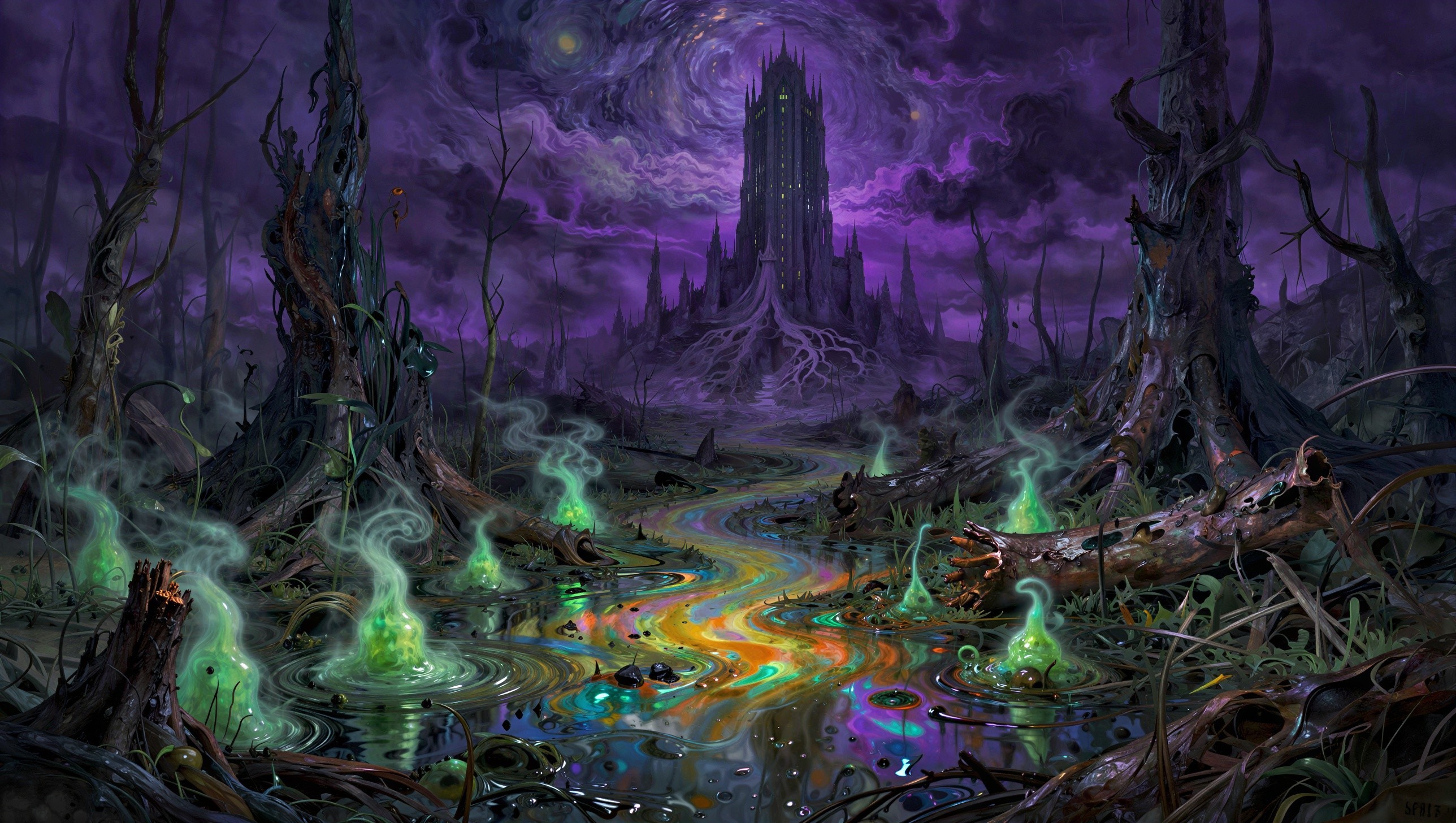 Eerie Swamp Scene with Gothic Tower and Dark Sky