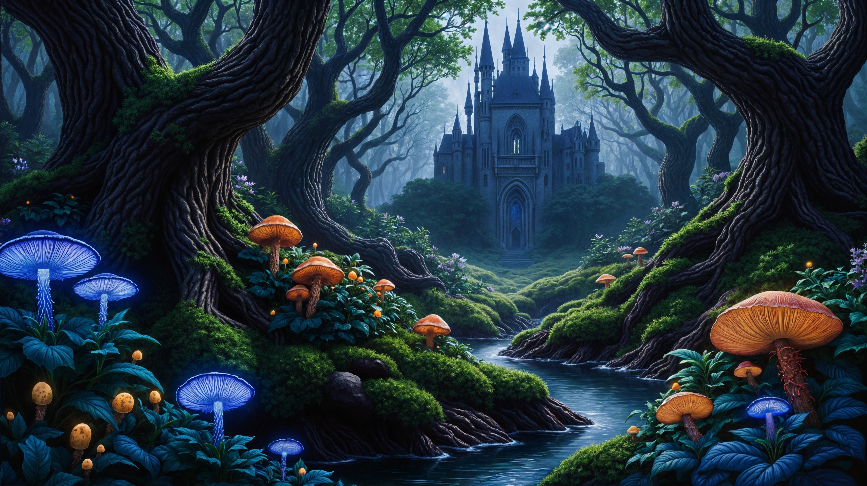 Mystical forest with twisted trees and a castle backdrop