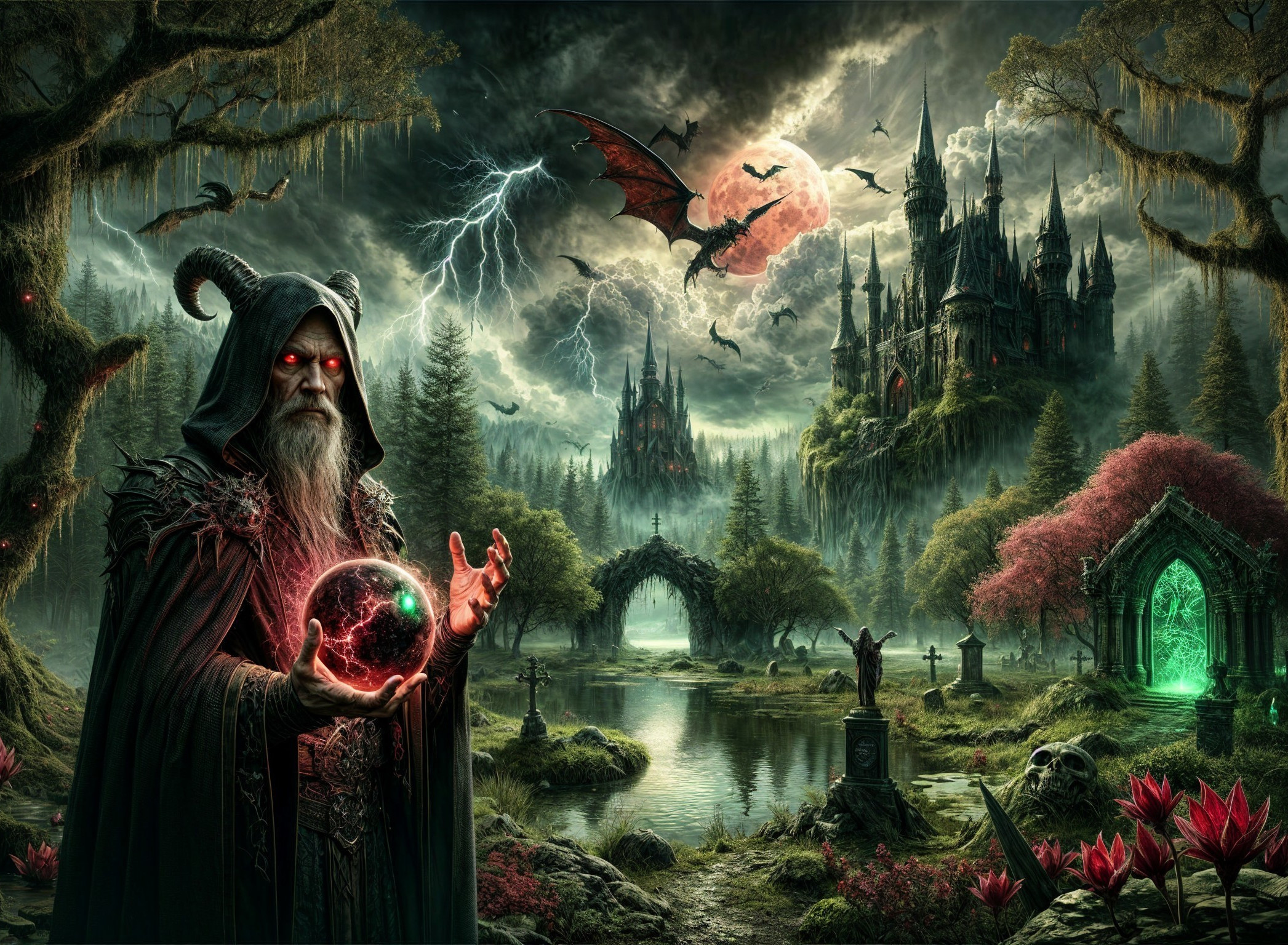 Cloaked Sorcerer in Mystical Landscape with Orb