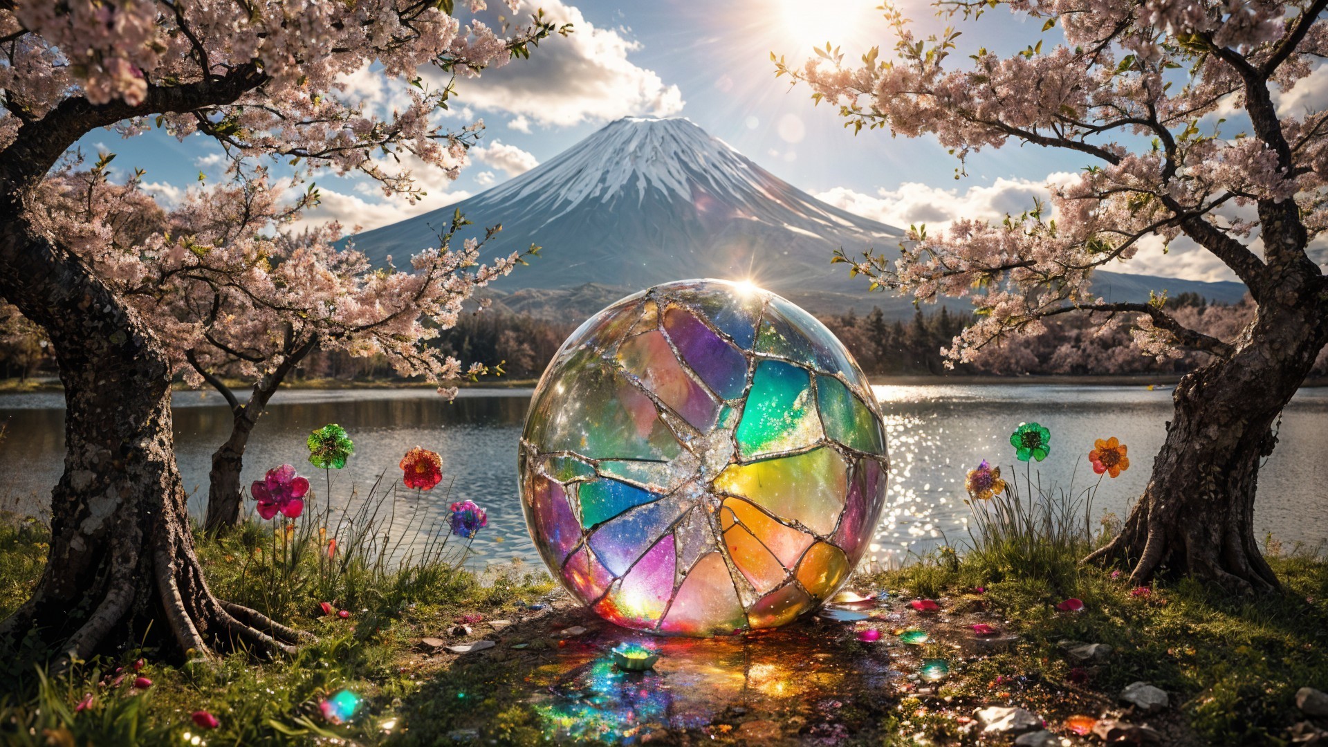 Iridescent Orb by Serene Lake with Cherry Blossoms