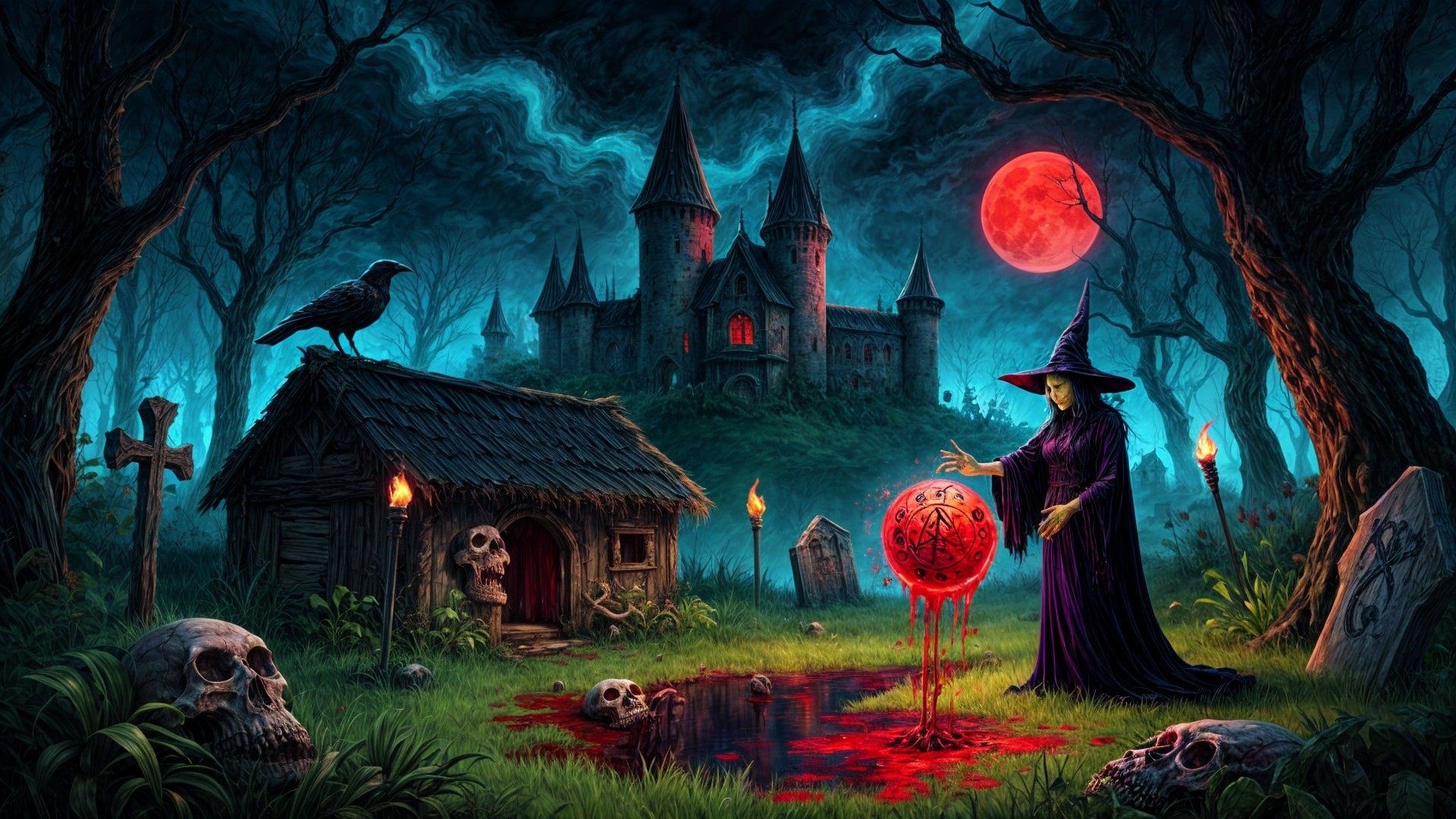 Cloaked Witch by Crimson Pool in Ominous Landscape