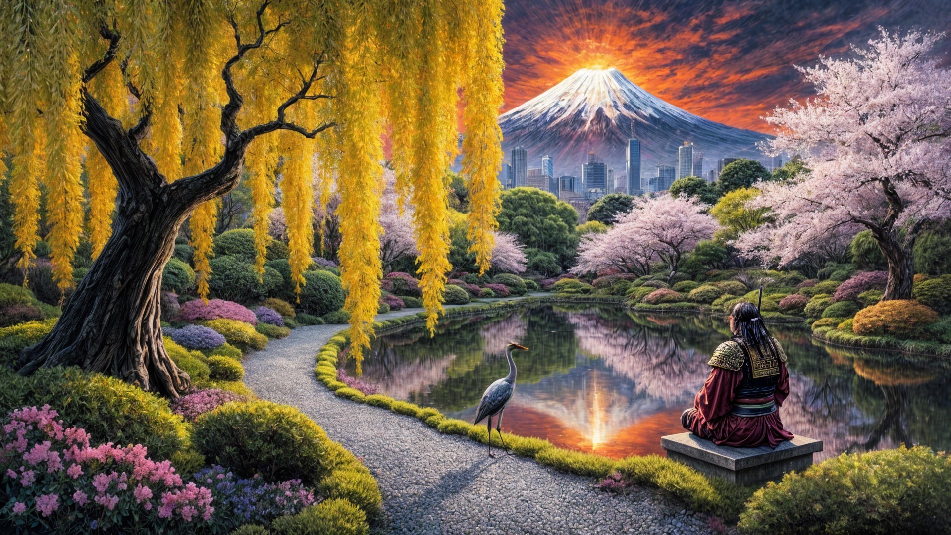 Tranquil Pond Surrounded by Cherry Blossoms and Fuji