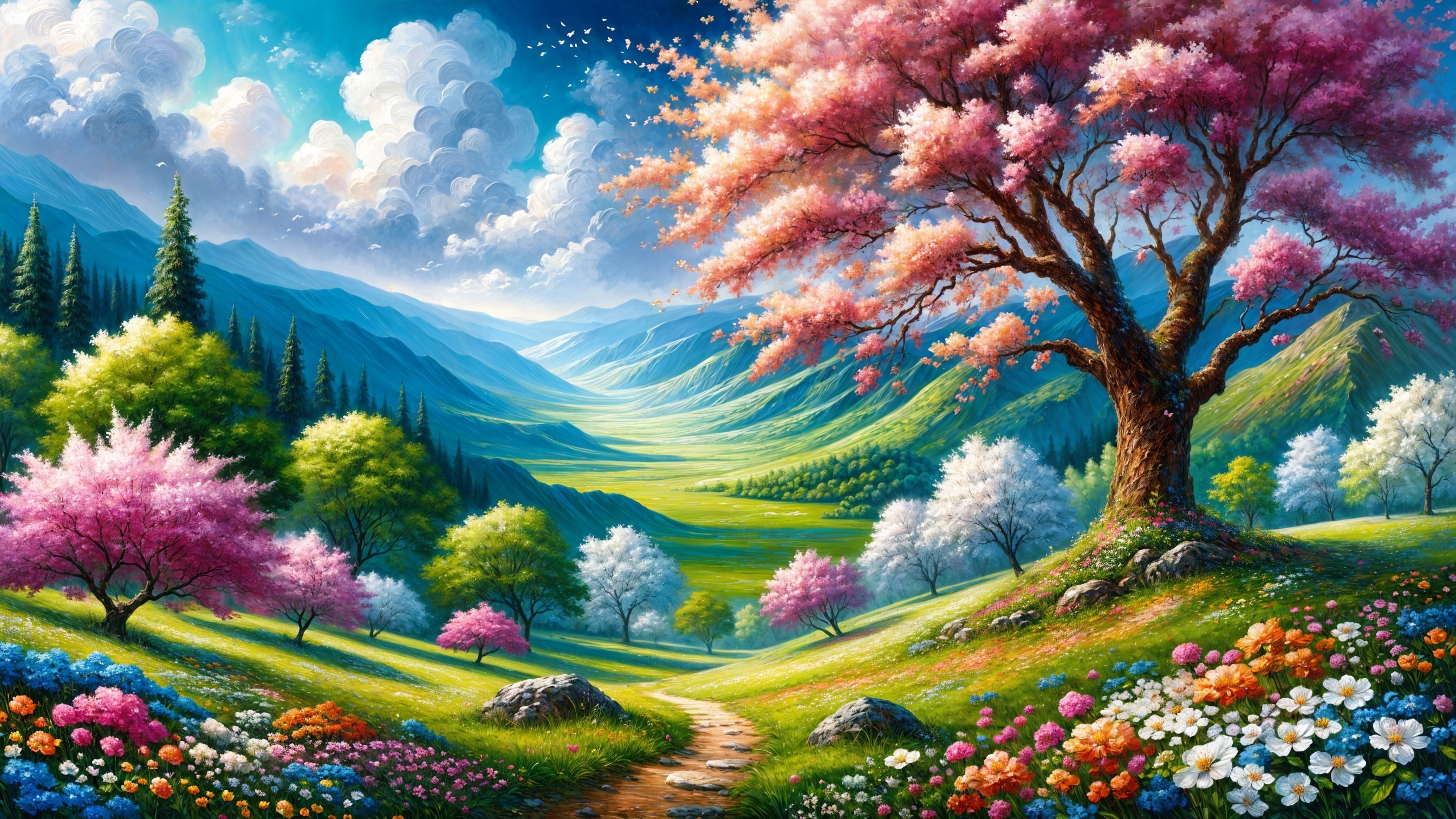 Vibrant Landscape with Rolling Hills and Mountains