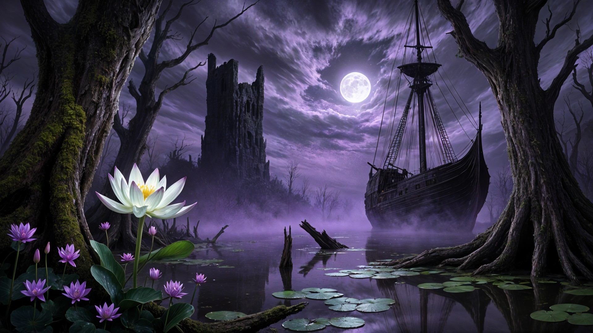 Ghostly Ship in Foggy Swamp Under Moonlit Sky