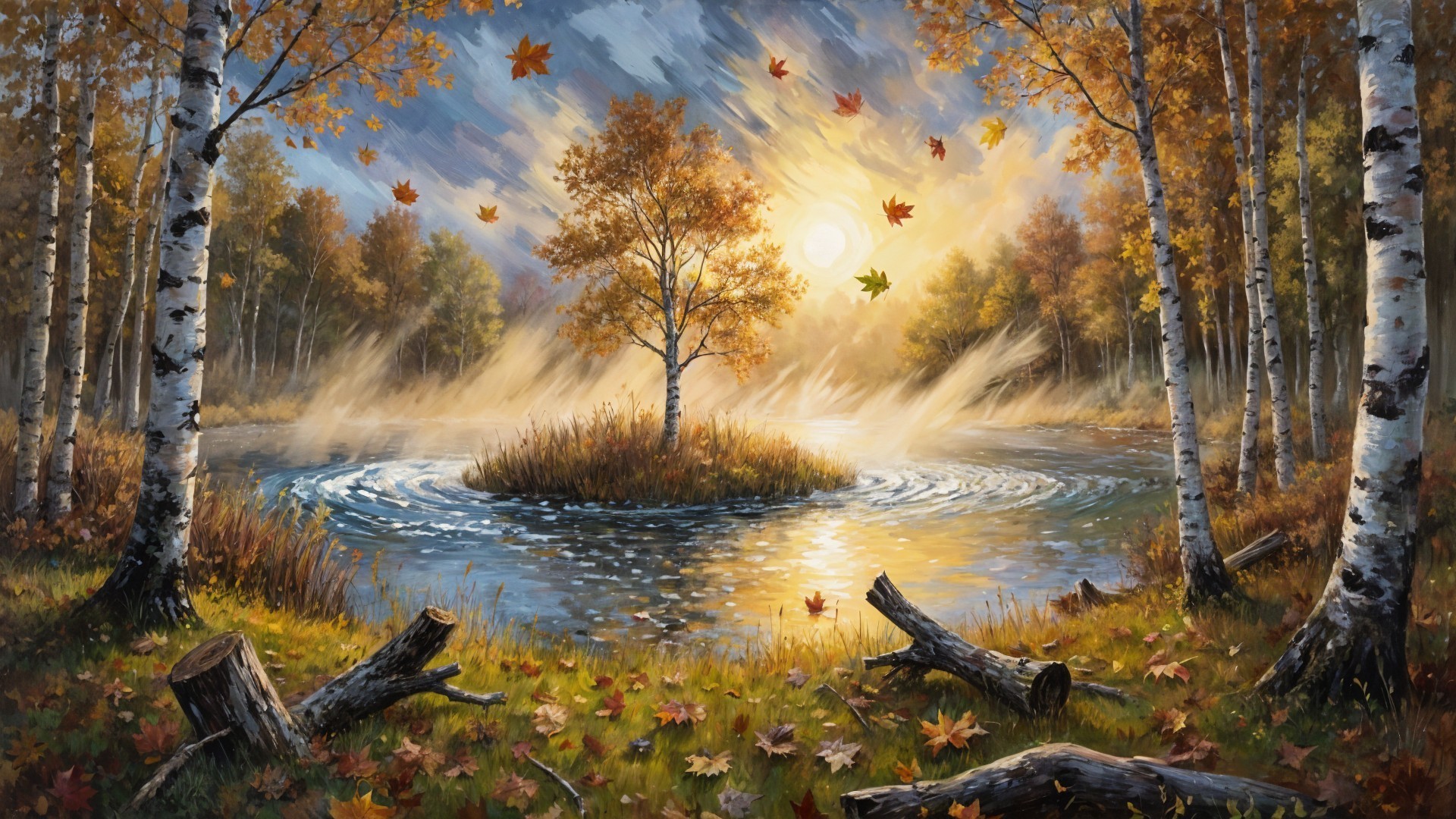 Serene Autumn Landscape with River and Tree