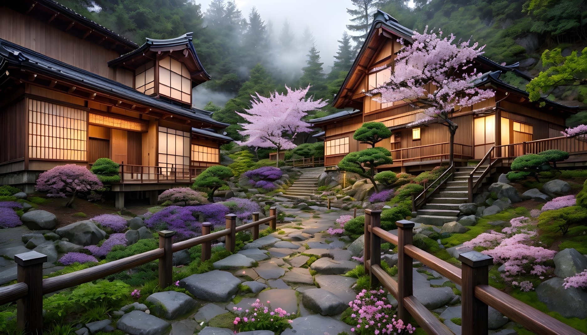 Serene Japanese Landscape with Cherry Blossoms and Houses