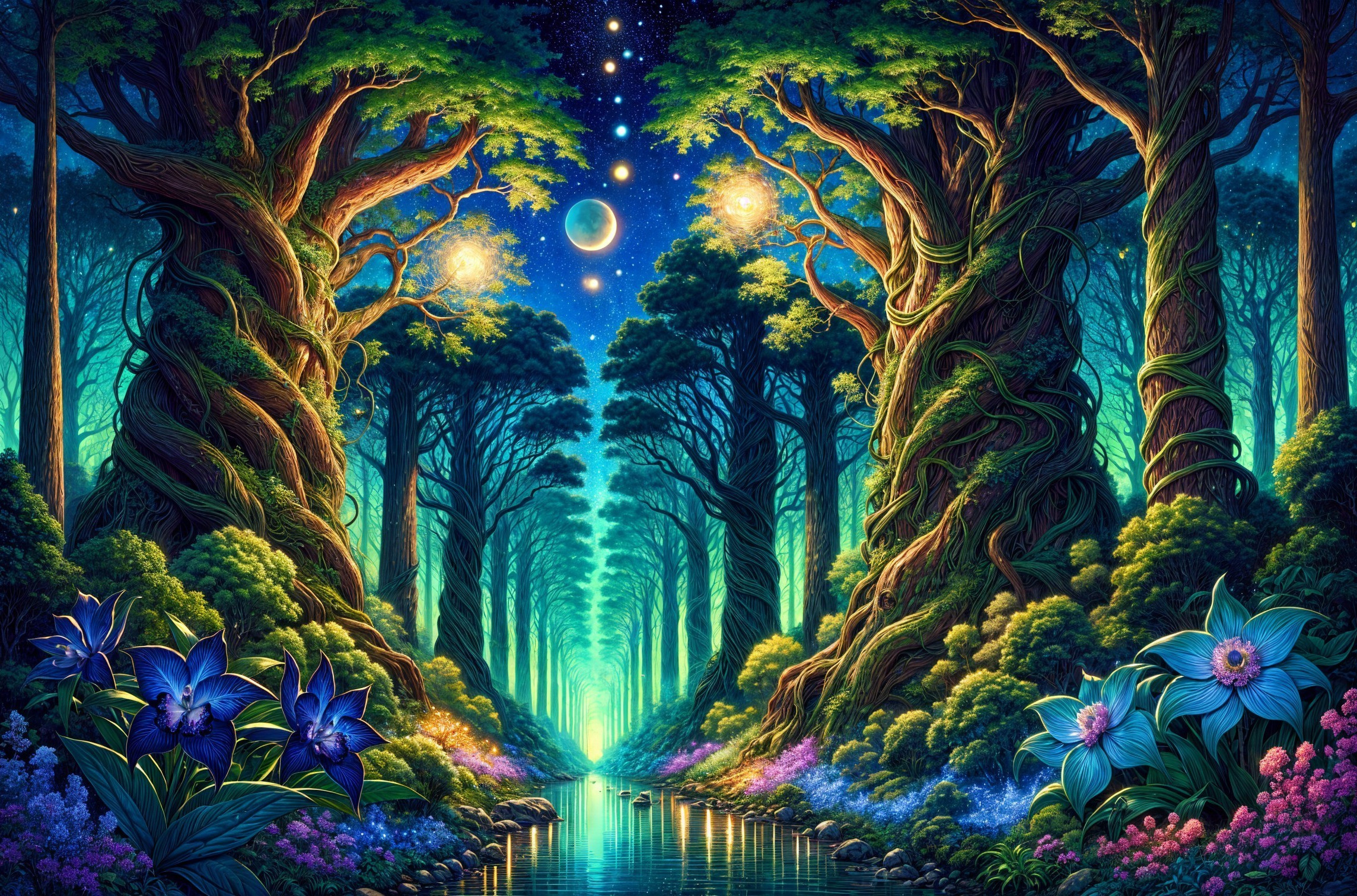 Magical forest pathway with glowing orbs and river