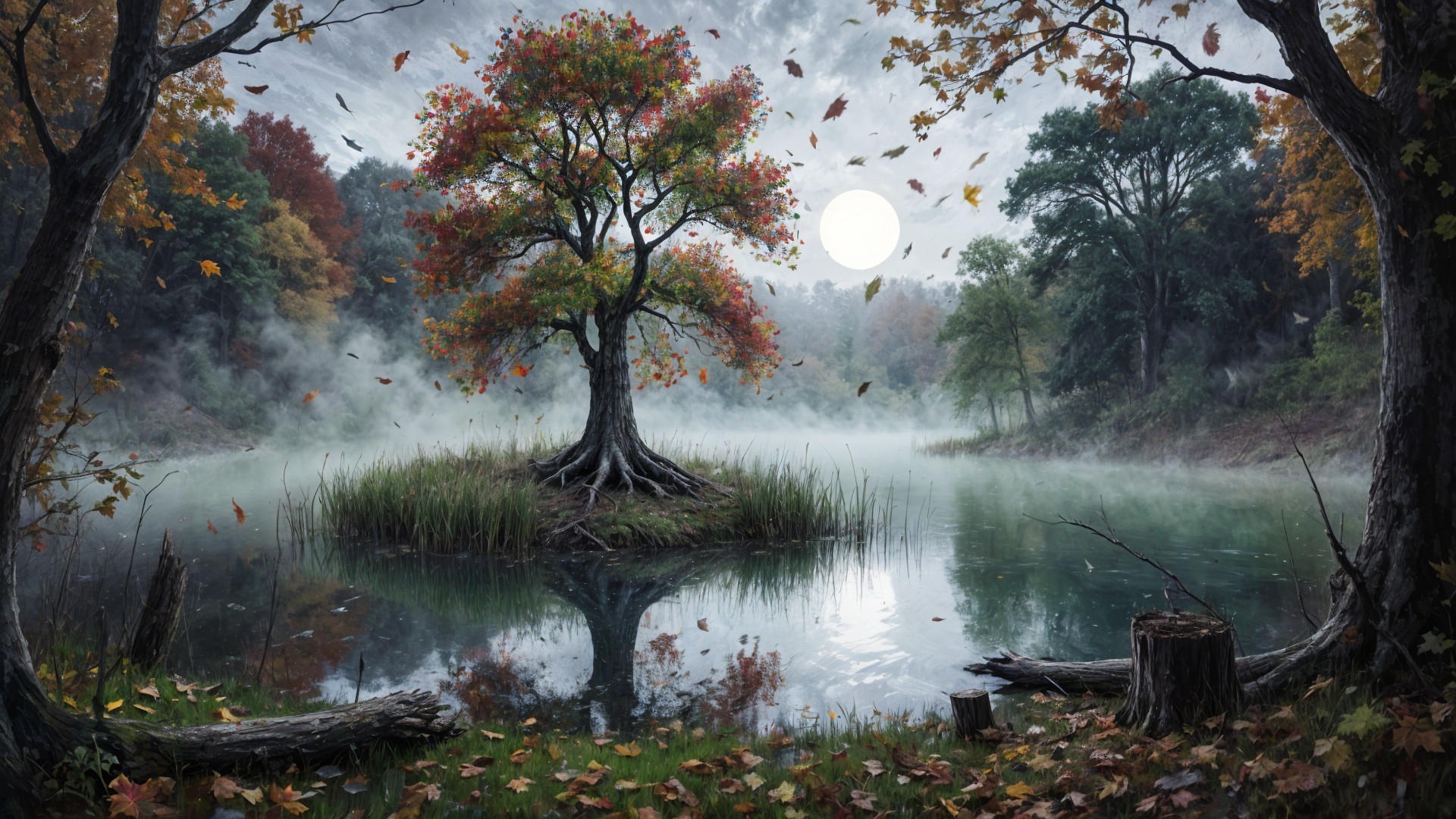 Serene landscape with a solitary tree and misty waters