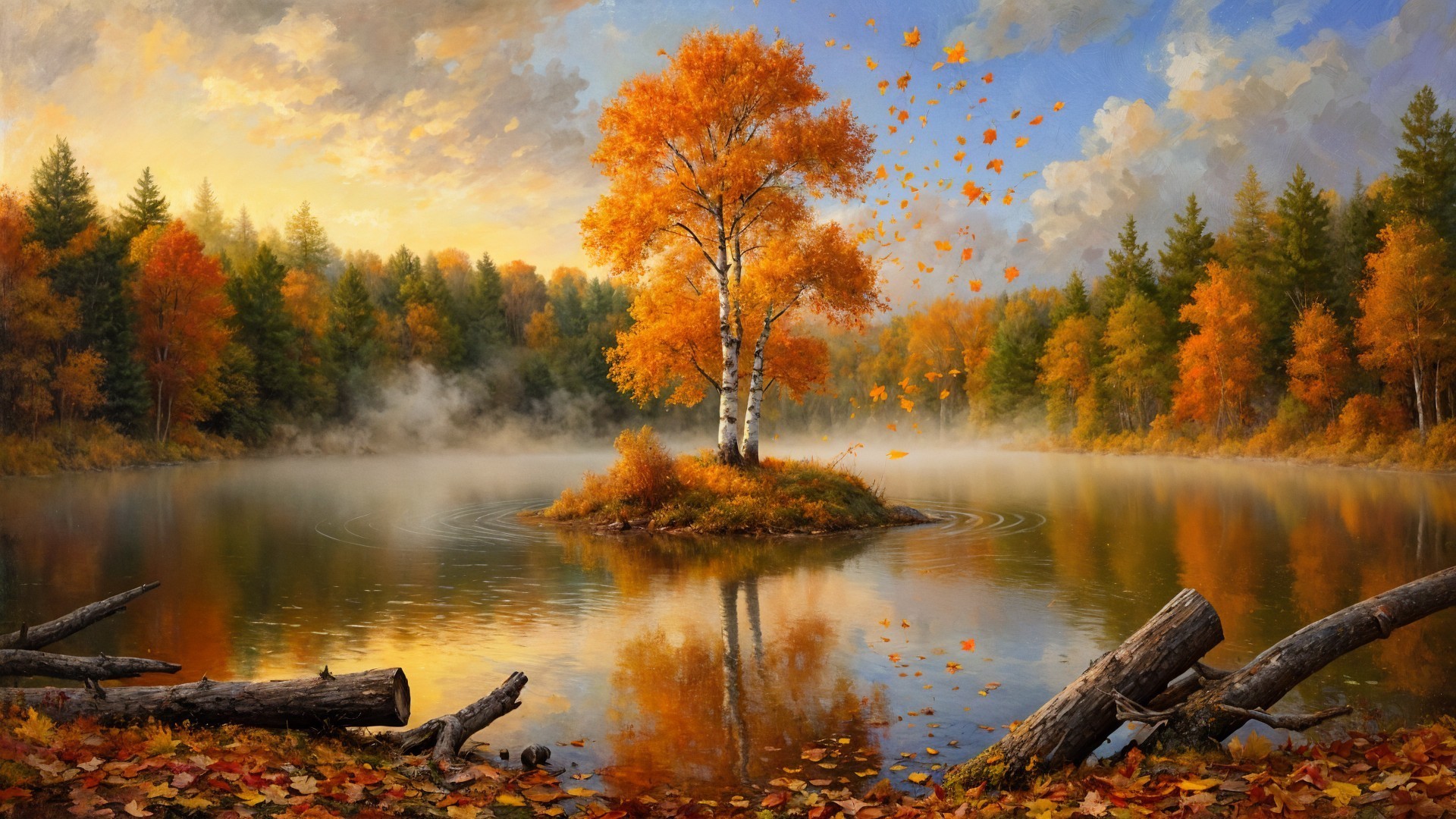 Autumn Landscape with Birch Tree and Tranquil Lake