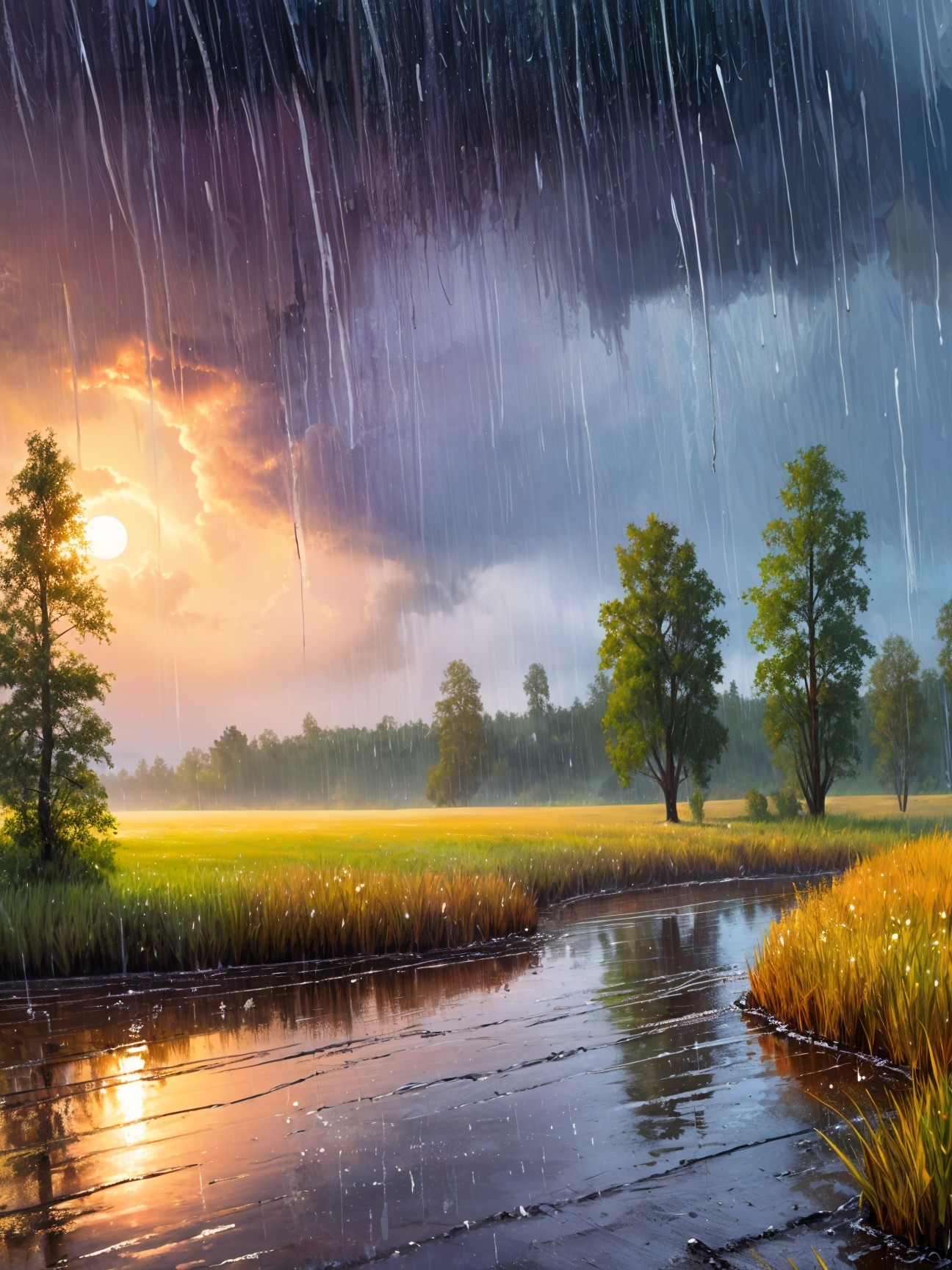 Serene Landscape of a Rainstorm with Tranquil Stream