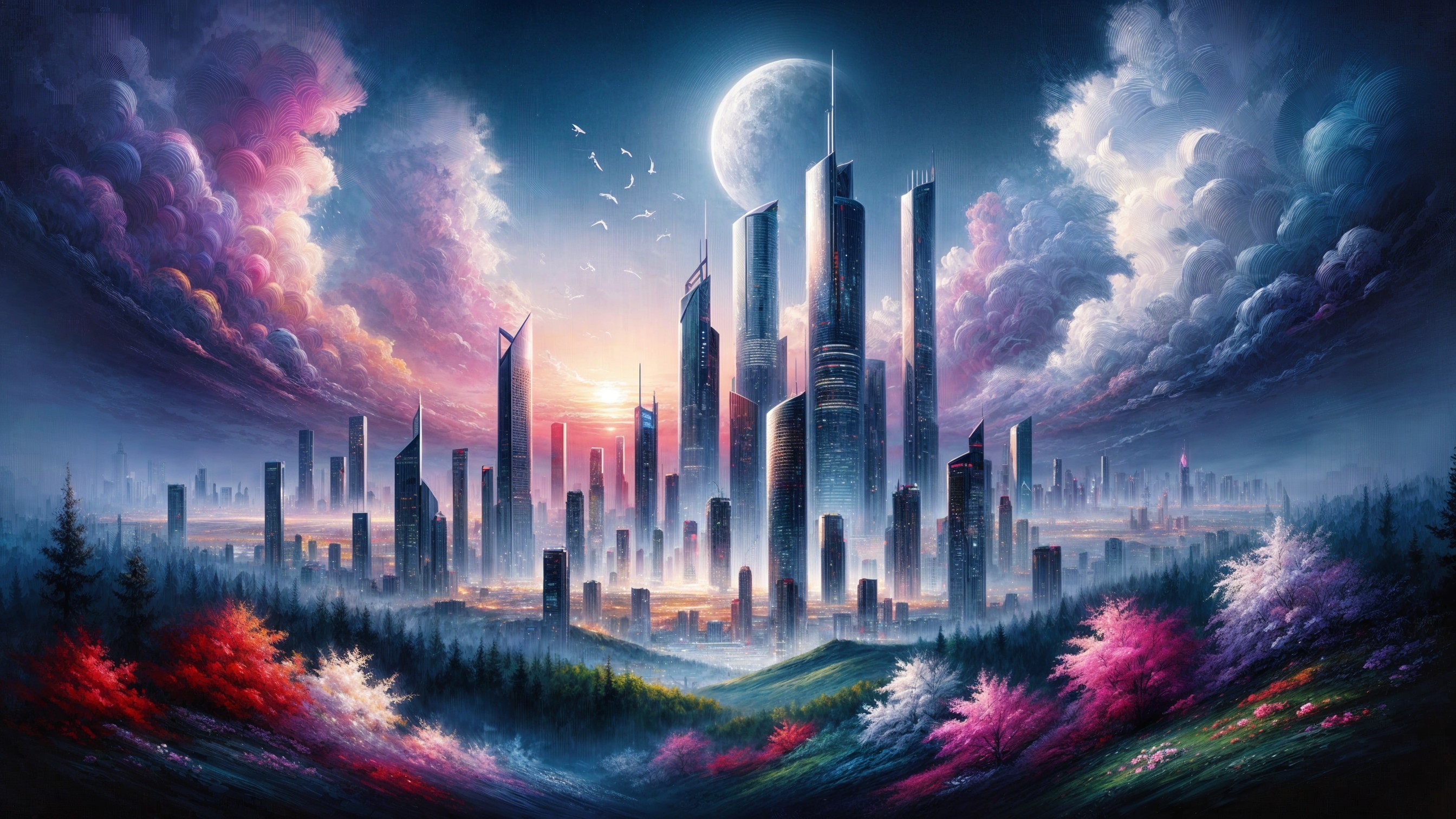 Futuristic Cityscape with Sunset and Nature Elements