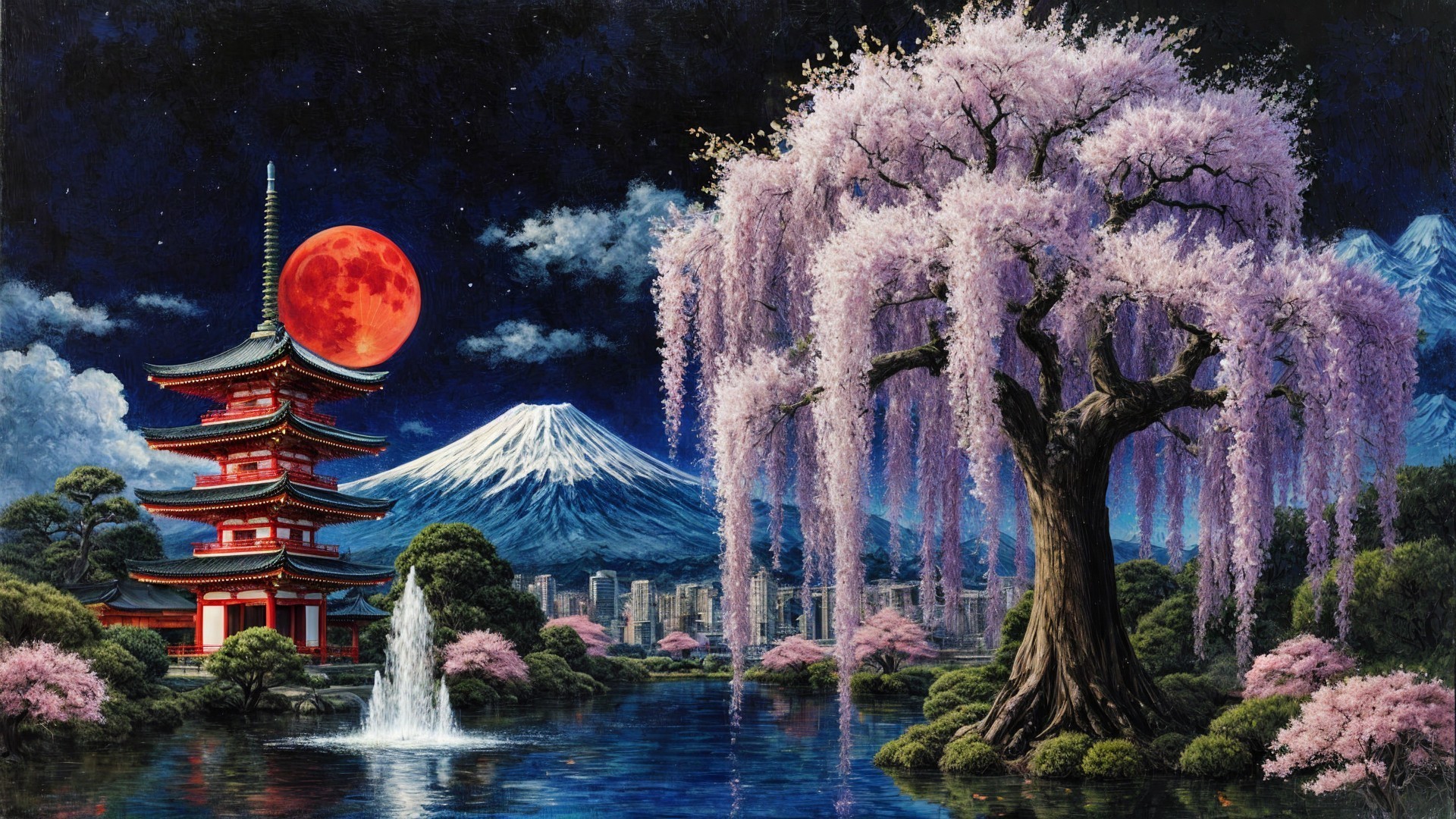 Vibrant Pagoda by Tranquil Lake with Mount Fuji