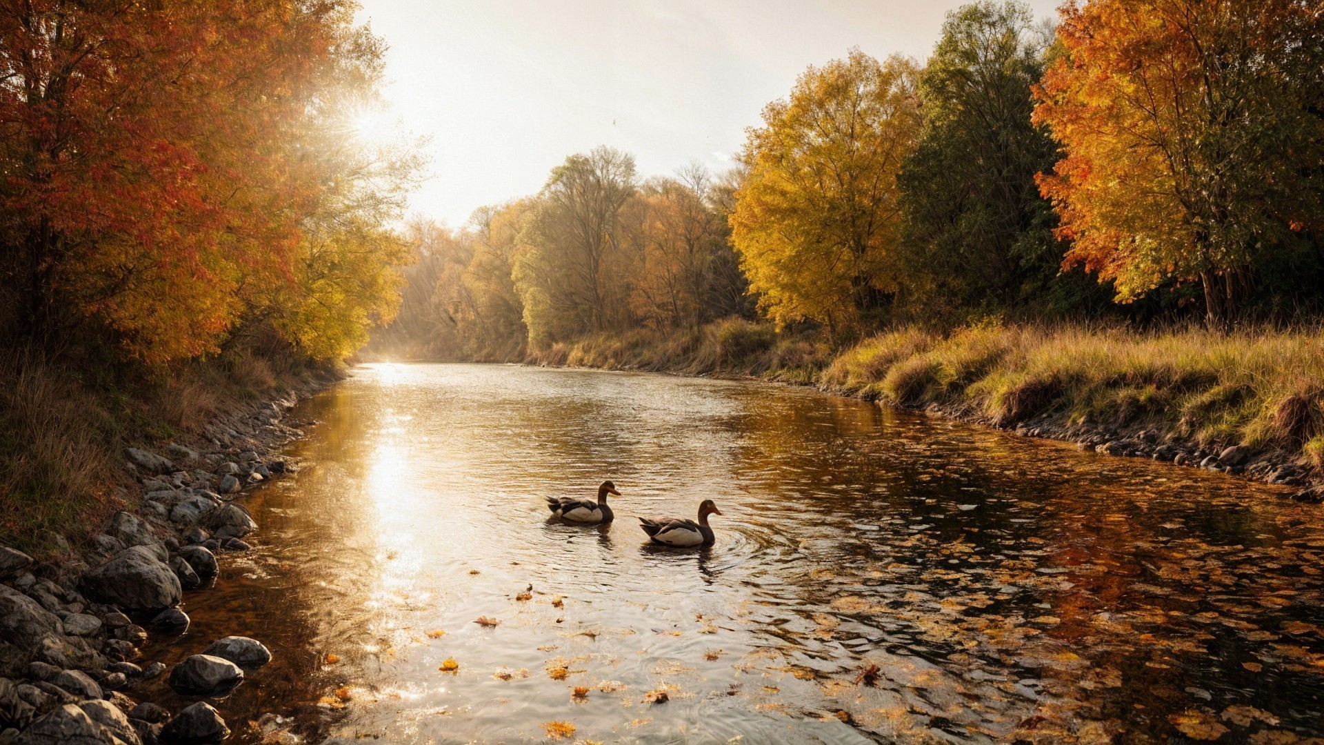 Tranquil River in Autumn Landscape with Ducks
