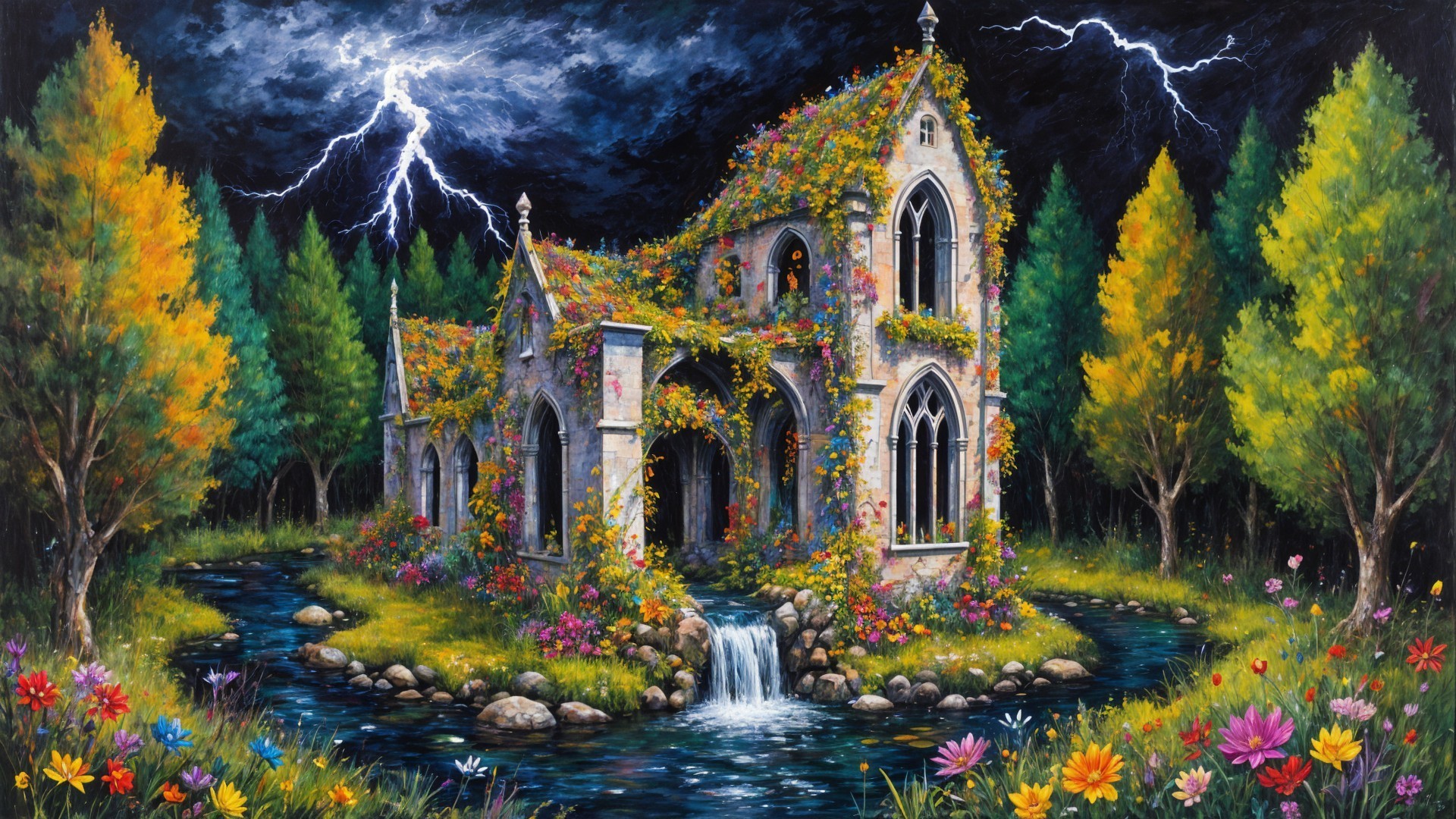Gothic Building Surrounded by Fall Foliage and Waterfall