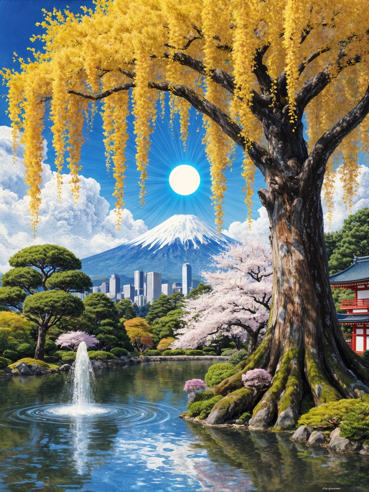 Serene Landscape with Mountains and Cherry Blossoms