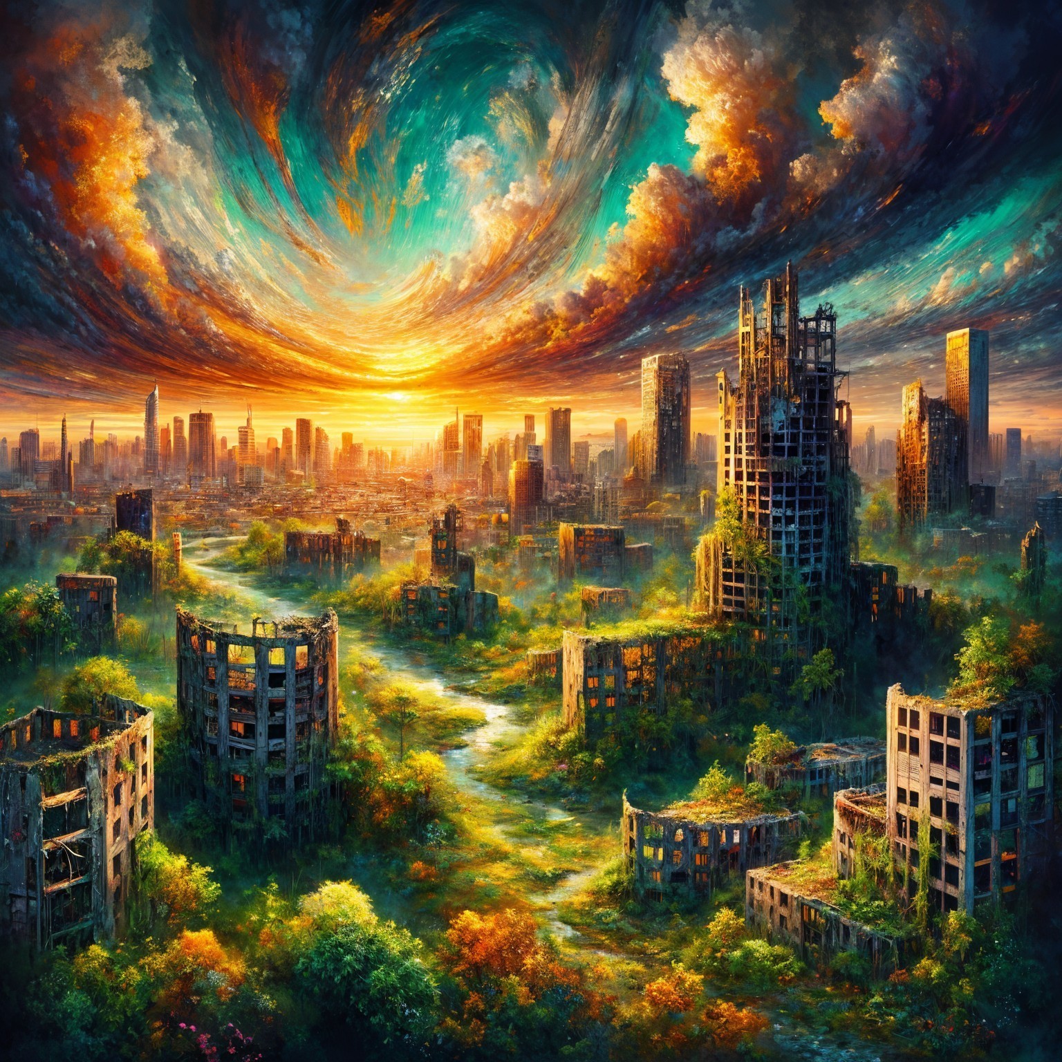 Post-Apocalyptic Urban Landscape with Nature's Rebirth