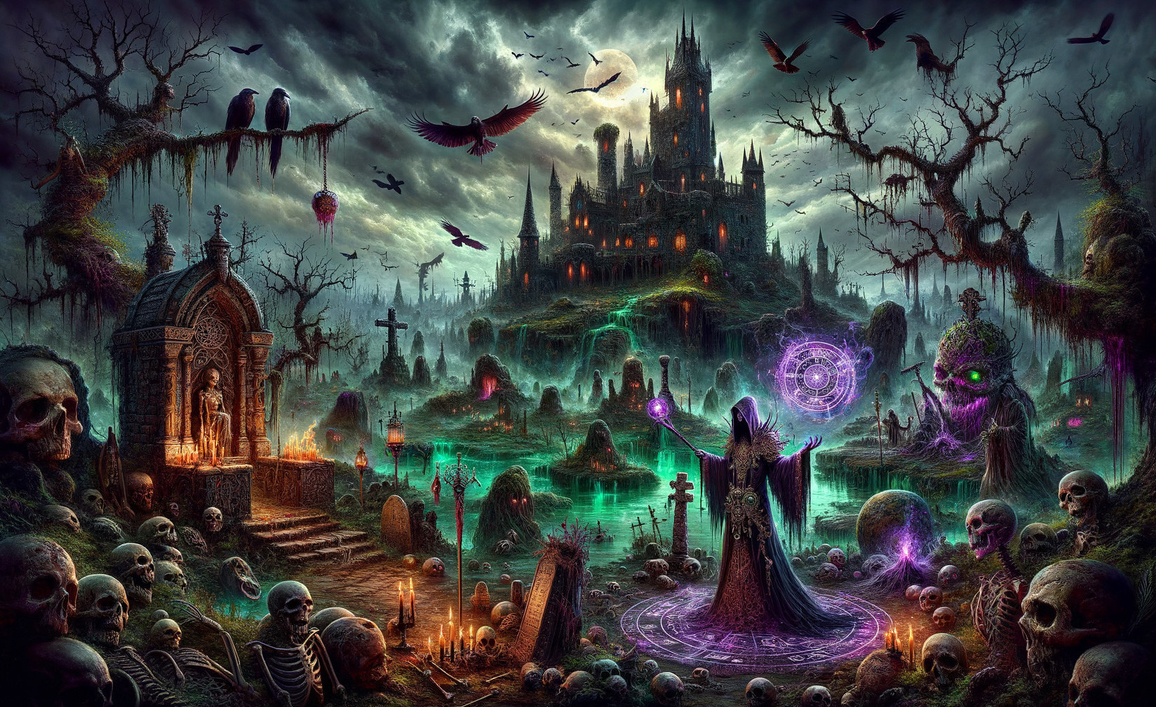 Dark Mystical Landscape with Tombstones and Magic