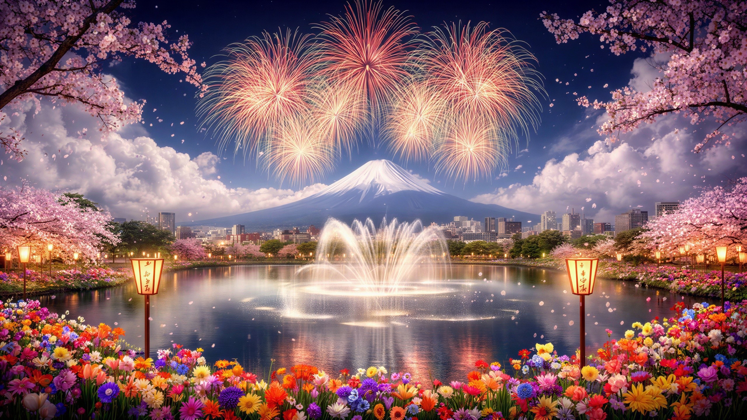Night Scene of Mount Fuji with Fireworks and Lake Reflection