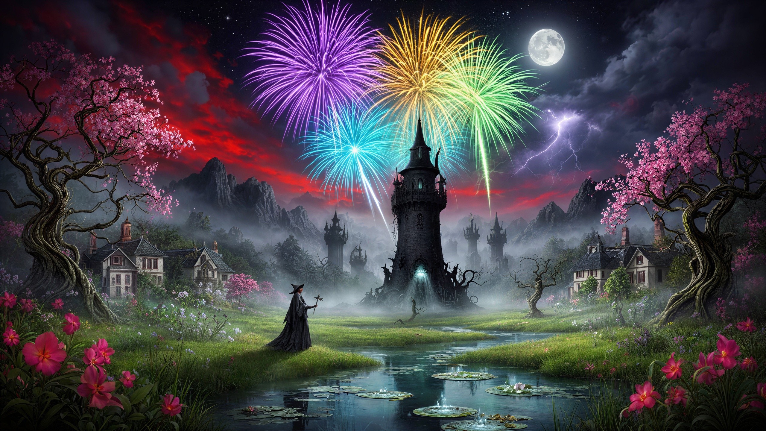 Whimsical Night Landscape with Towers and Fireworks