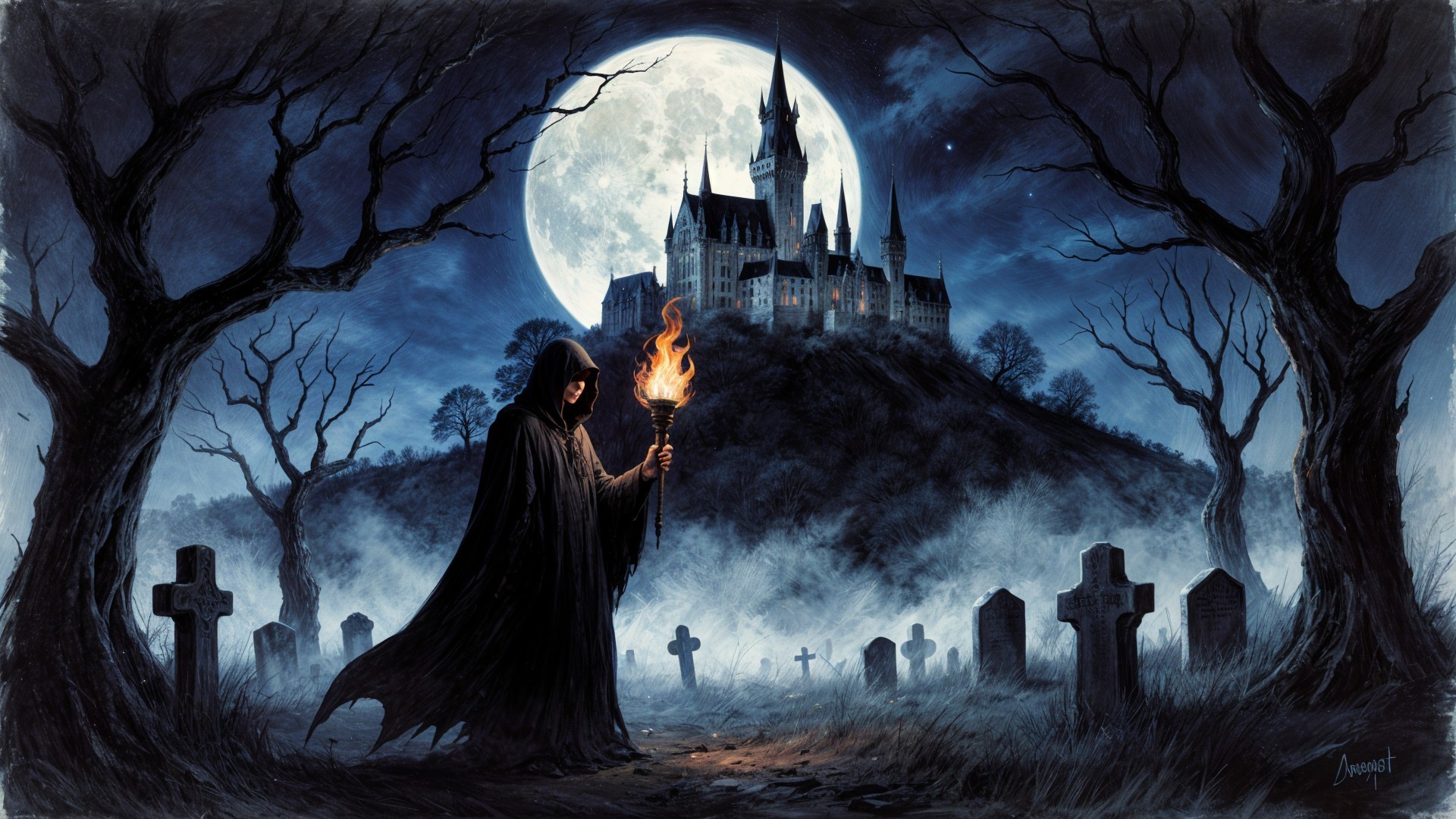 Eerie Graveyard Scene with Cloaked Figure and Castle