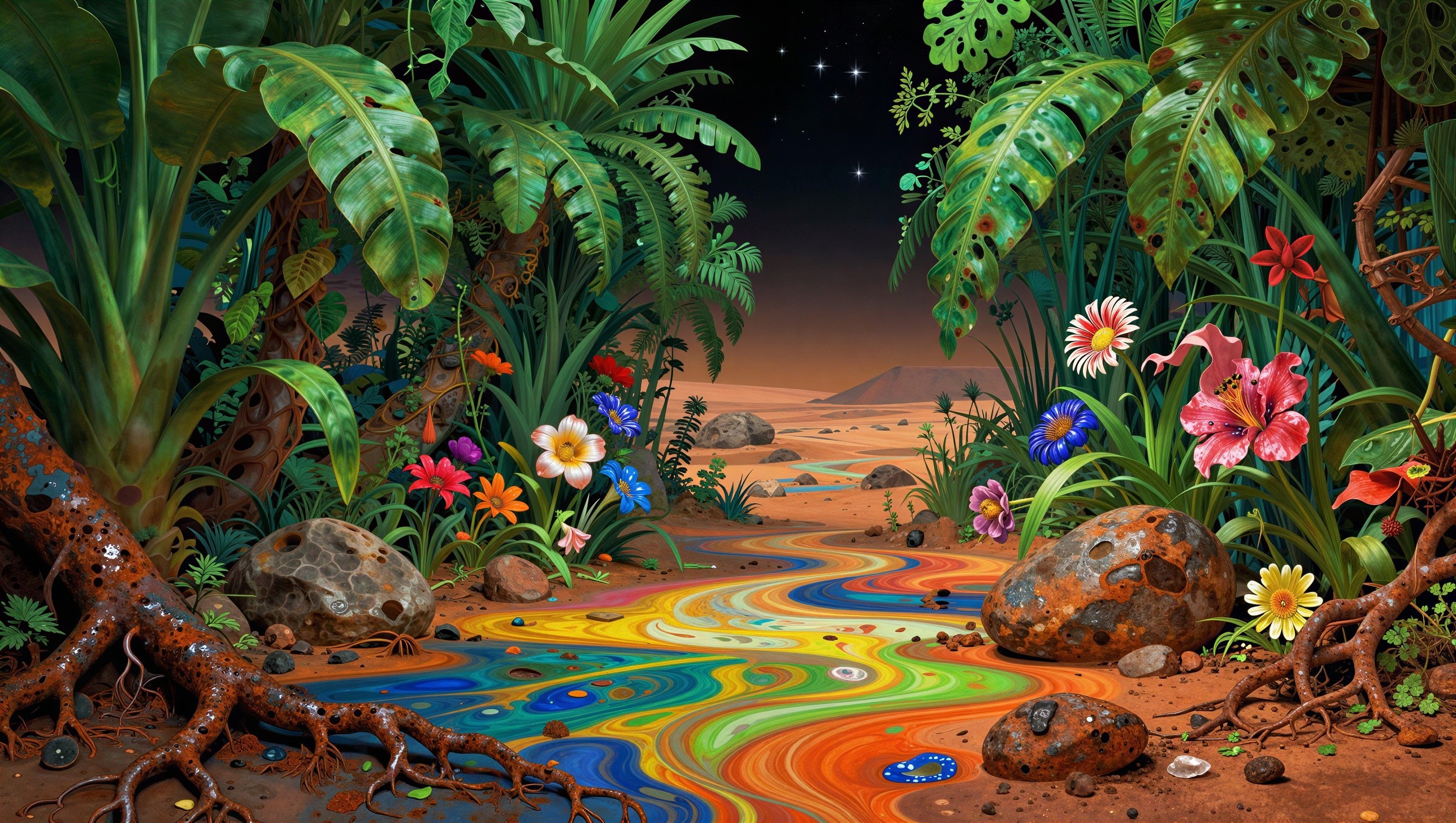 Surreal Night Landscape with Colorful River and Jungle