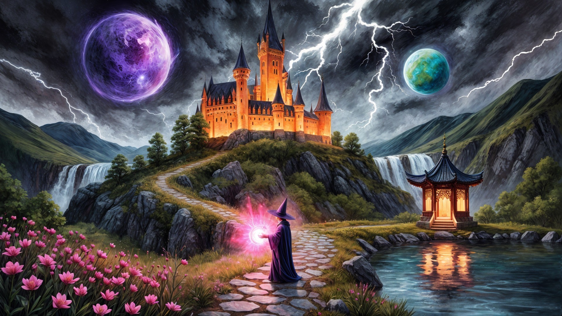 Majestic castle with wizard in a fantasy landscape