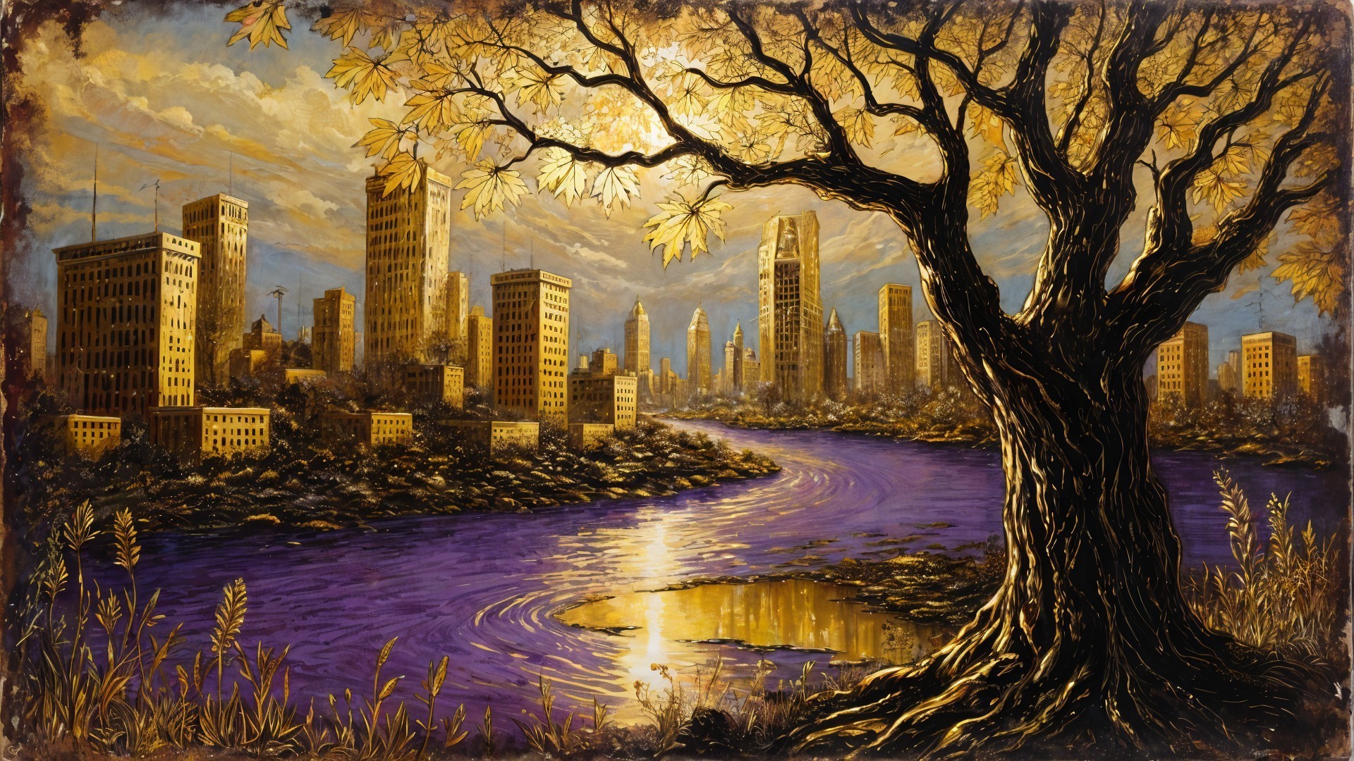 Autumn Cityscape with Majestic Tree and River Reflection