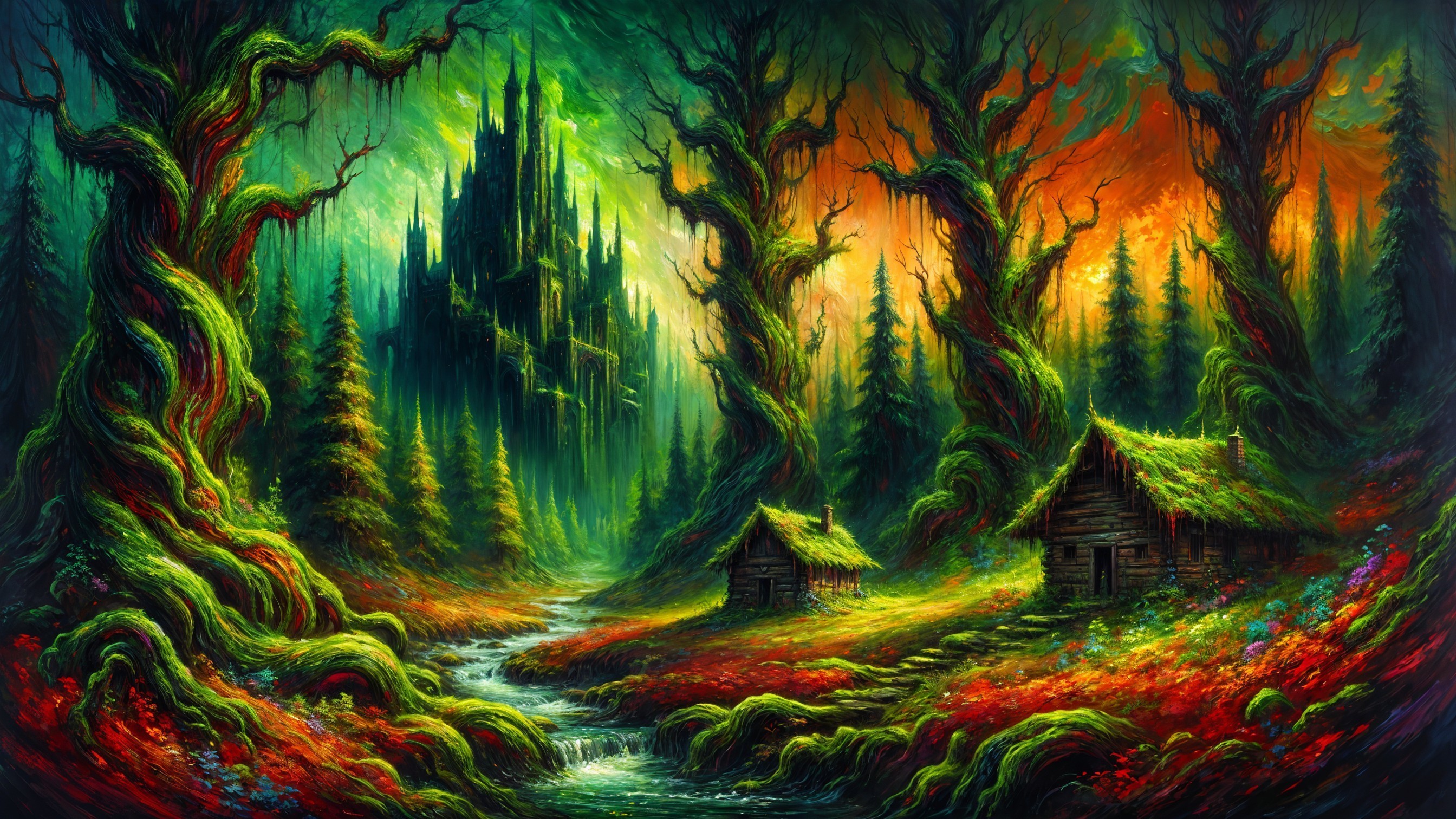 Vibrant Mystical Landscape with Castle and Cabins