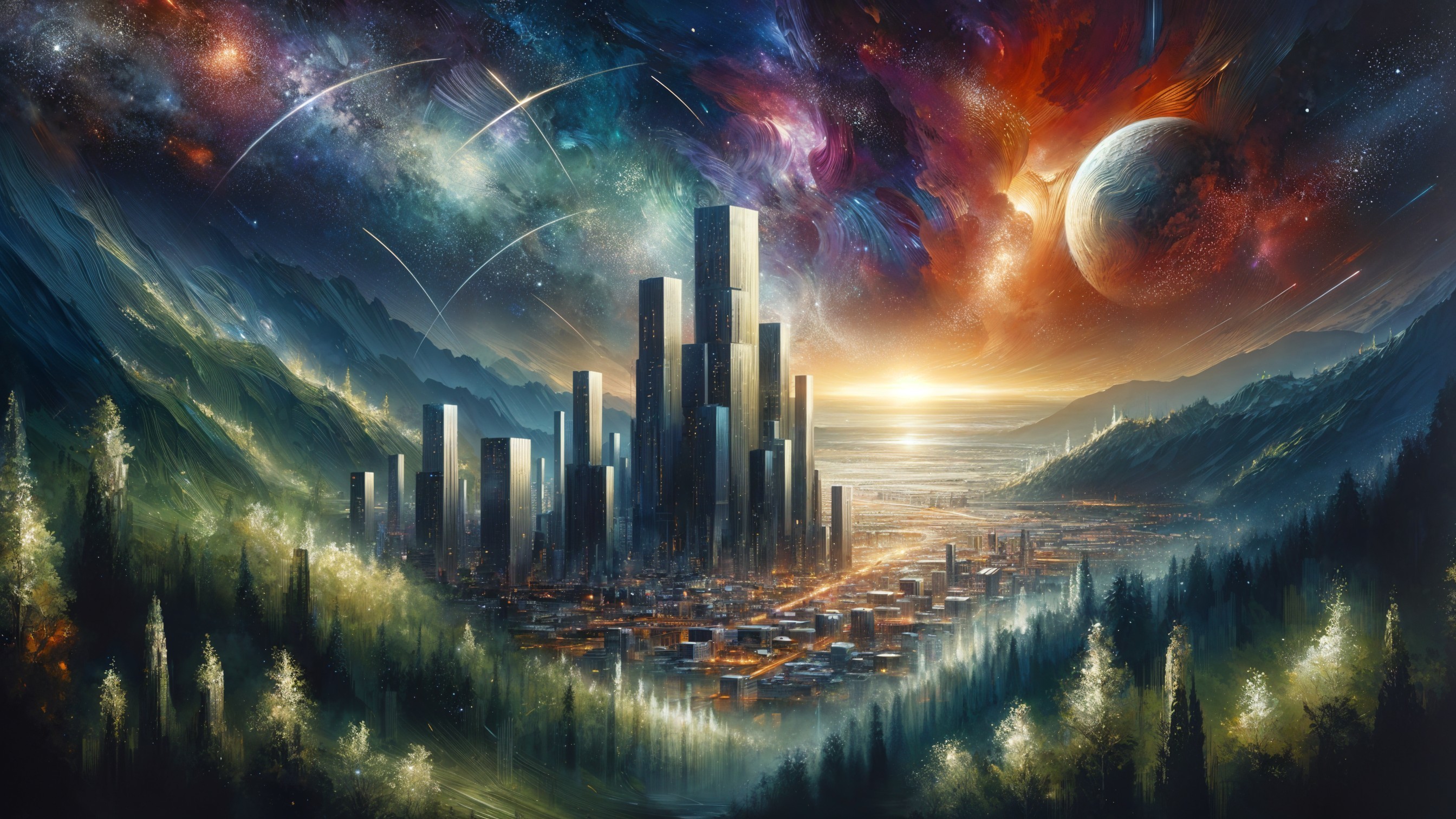Futuristic cityscape in a vibrant cosmic setting