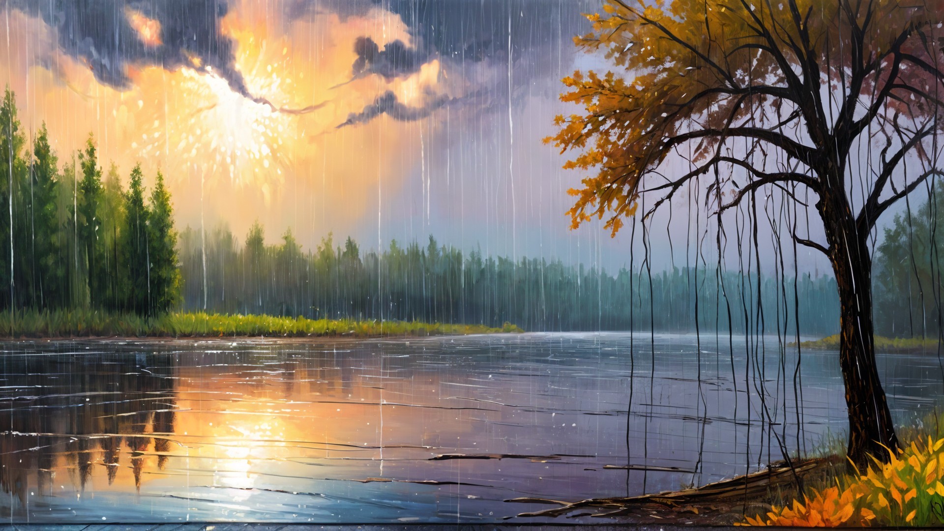 Serene landscape with river, sunset, and autumn tree