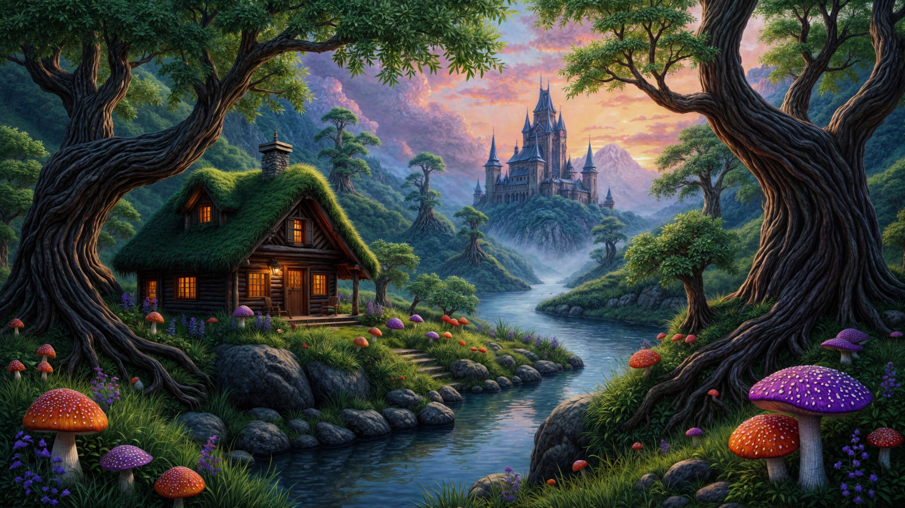 Whimsical Landscape with Cottage and Castle at Sunset