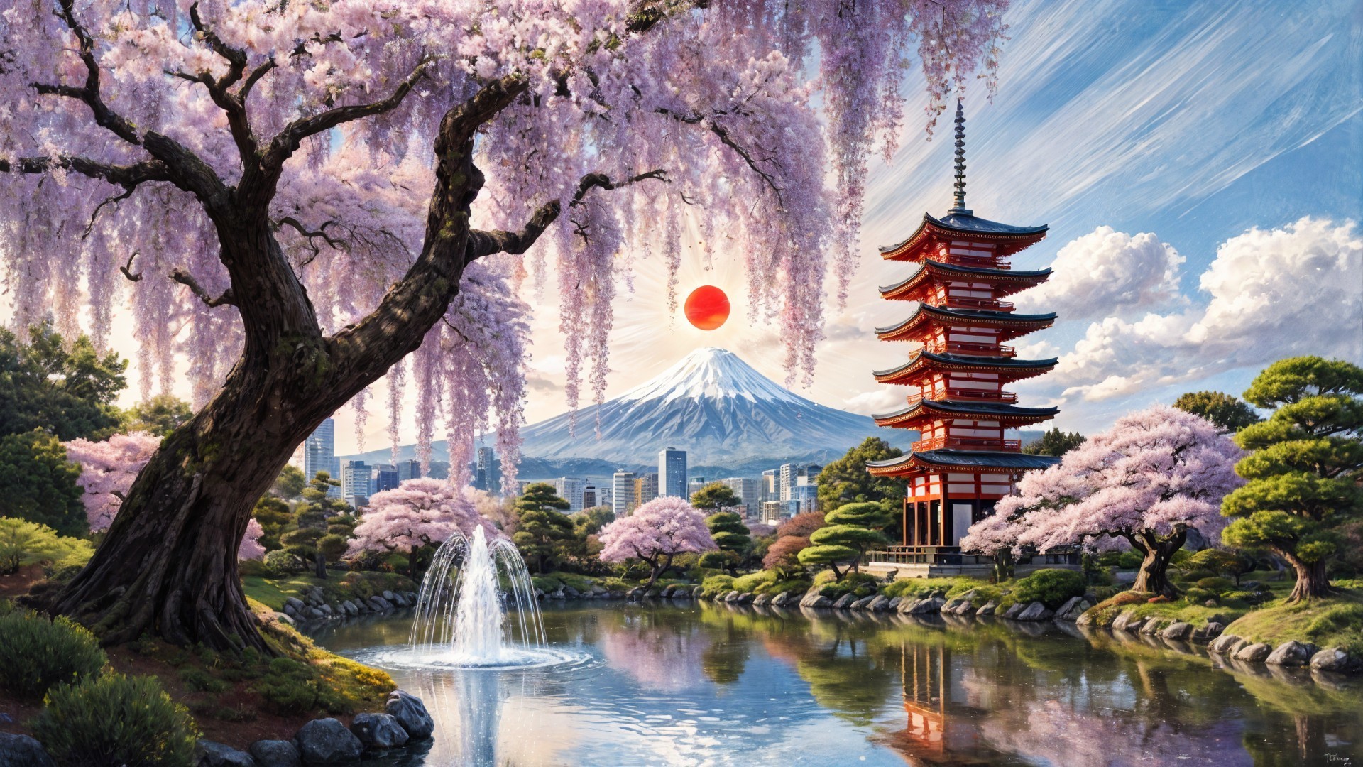 Serene Lake and Cherry Blossoms with Mount Fuji View