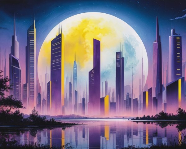 Futuristic cityscape under a luminous moonlight