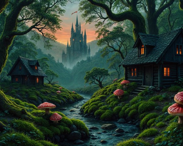 Mystical Forest with Cottages and Colorful Sunset