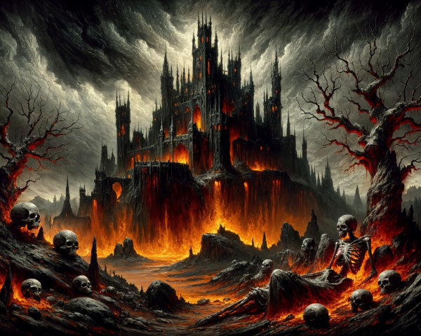 Dark Landscape with Castle Amid Flames and Skulls