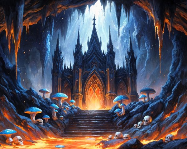 Gothic structure in a cavern with lava and mushrooms