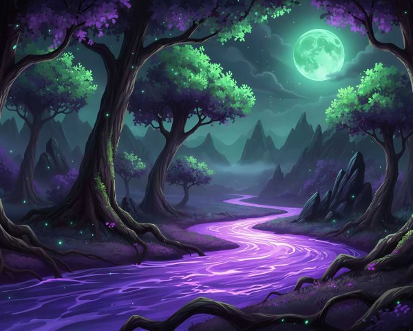 Vibrant Fantasy Forest with Luminous River at Twilight