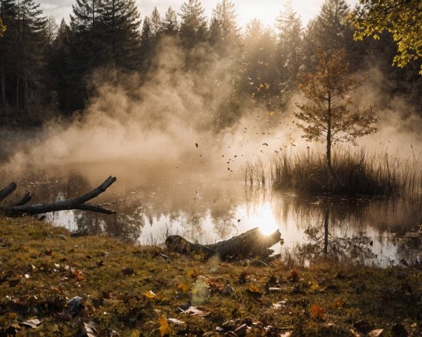 Misty Lake Landscape at Dawn with Autumn Colors