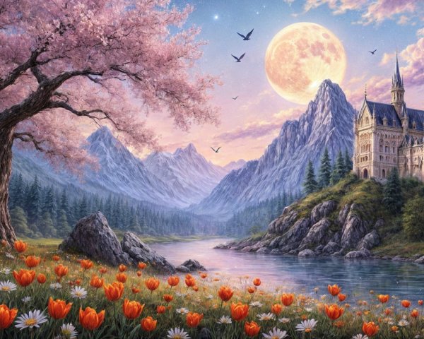 Charming Castle Landscape with Vibrant Flowers and Moon