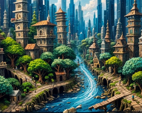 Fantasy Landscape with River, Village, and Skyscrapers