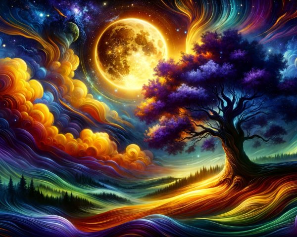 Surreal Landscape with Majestic Tree and Colorful Sky