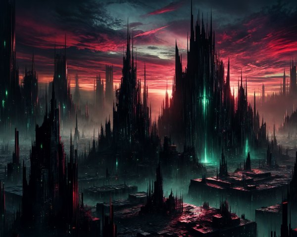 Surreal Landscape with Jagged Spires and Dramatic Sky