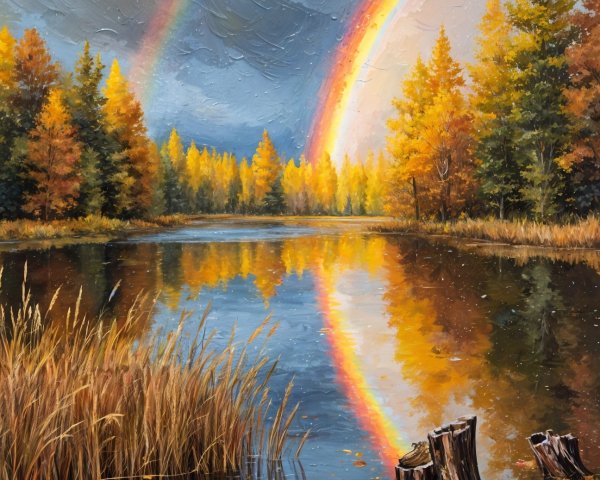 Autumn Landscape with Lake and Double Rainbow