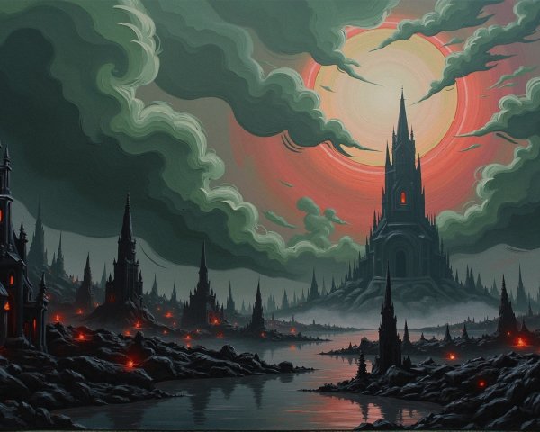 Dramatic Landscape with Dark Spires and Mist